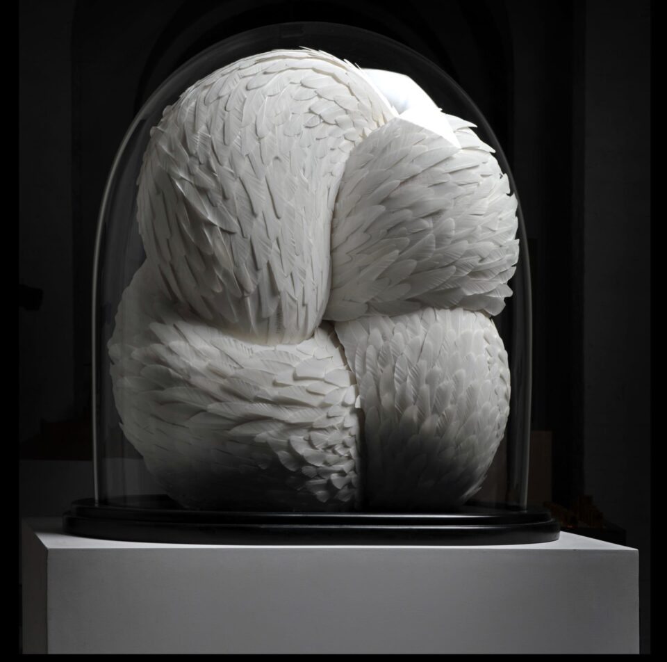 a sculpture made of white feathers that appear to be serpentine and knotted inside of a vitrine