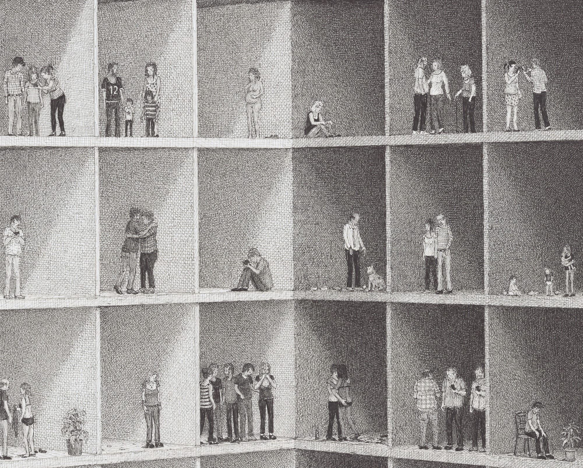 a detail of an elaborate ink drawing by Ben Tolman of figures in an abstract building complex, milling around doing different activities in their individual boxes