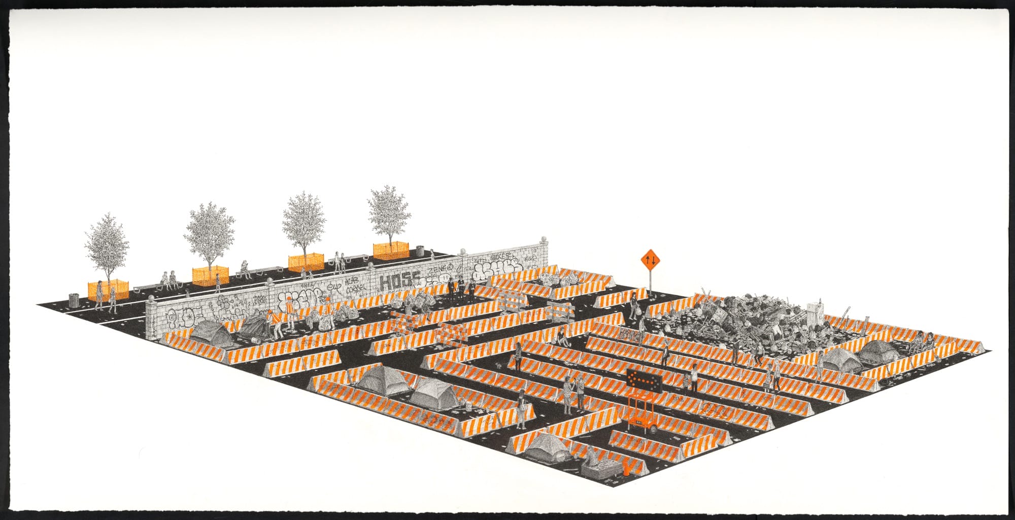an elaborate ink and acrylic drawing by Ben Tolman of a maze-like row of caution barricades around encampments for the unhoused