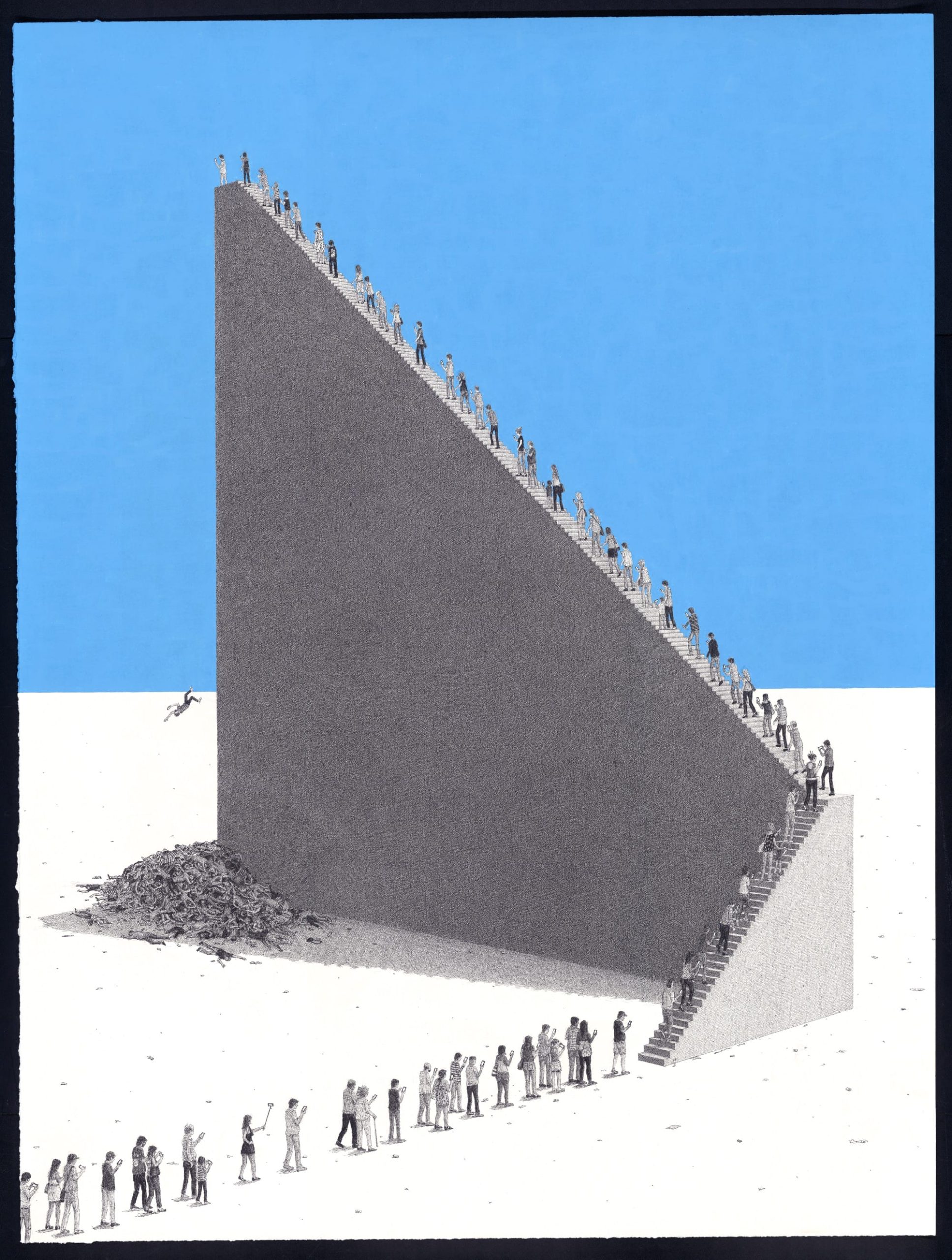 an elaborate ink drawing by Ben Tolman of figures walking up a large ramped structure and falling off the edge