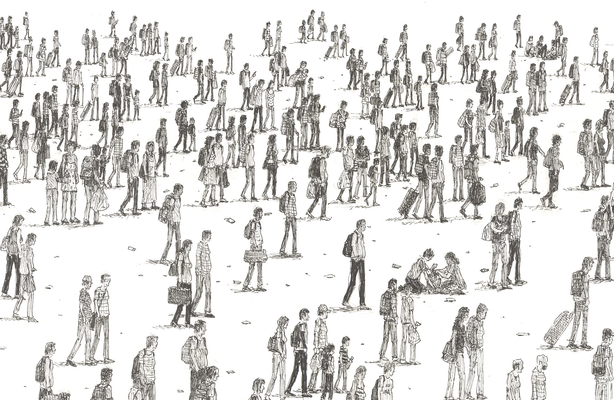 a detail of an elaborate ink drawing by Ben Tolman of figures meandering and biking around among each other without purpose