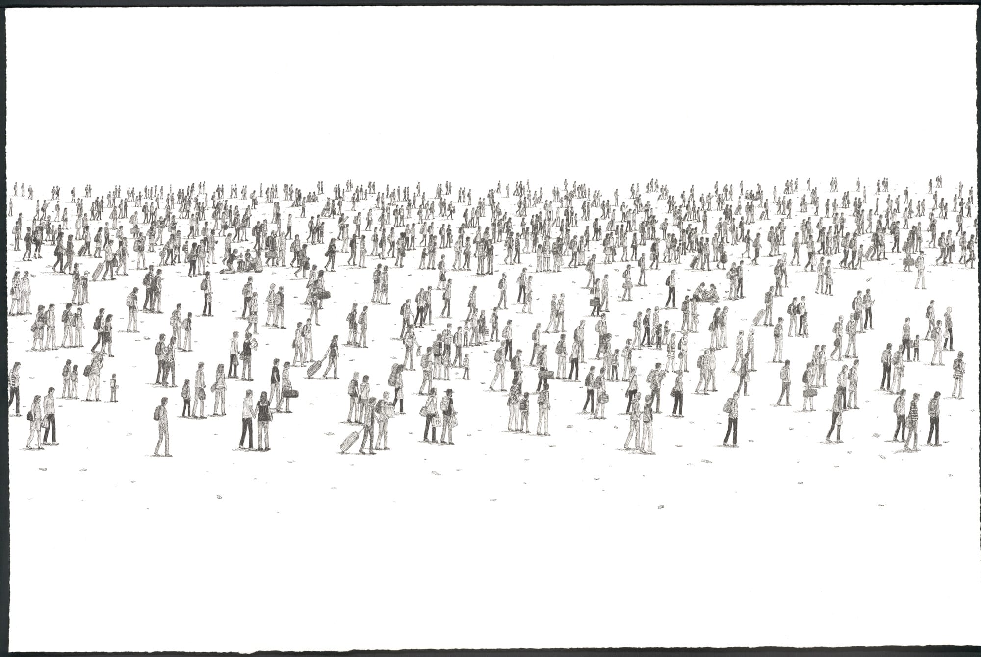 an elaborate ink drawing by Ben Tolman of figures meandering and biking around among each other without purpose