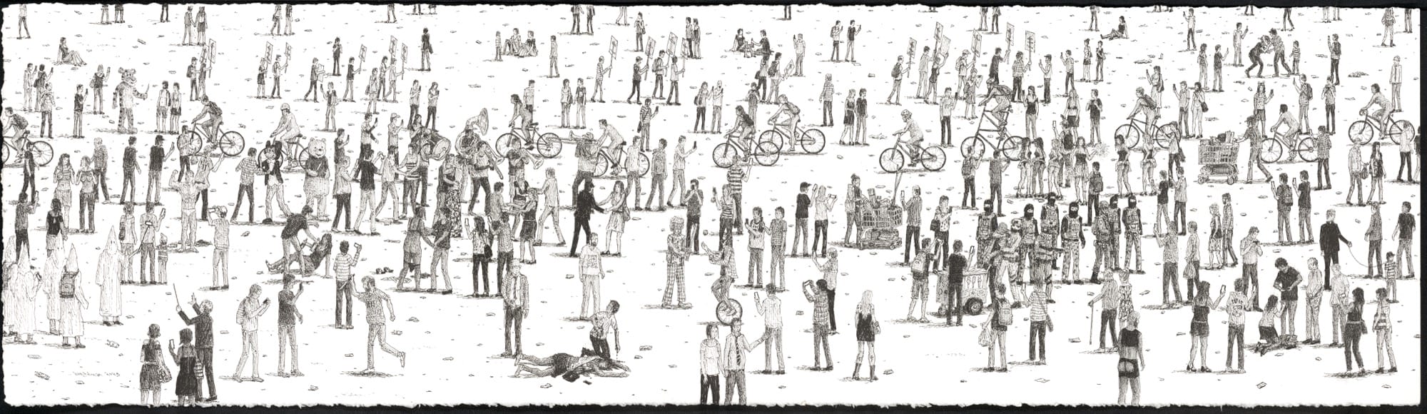 an elaborate ink drawing by Ben Tolman of figures meandering and biking around among each other without purpose