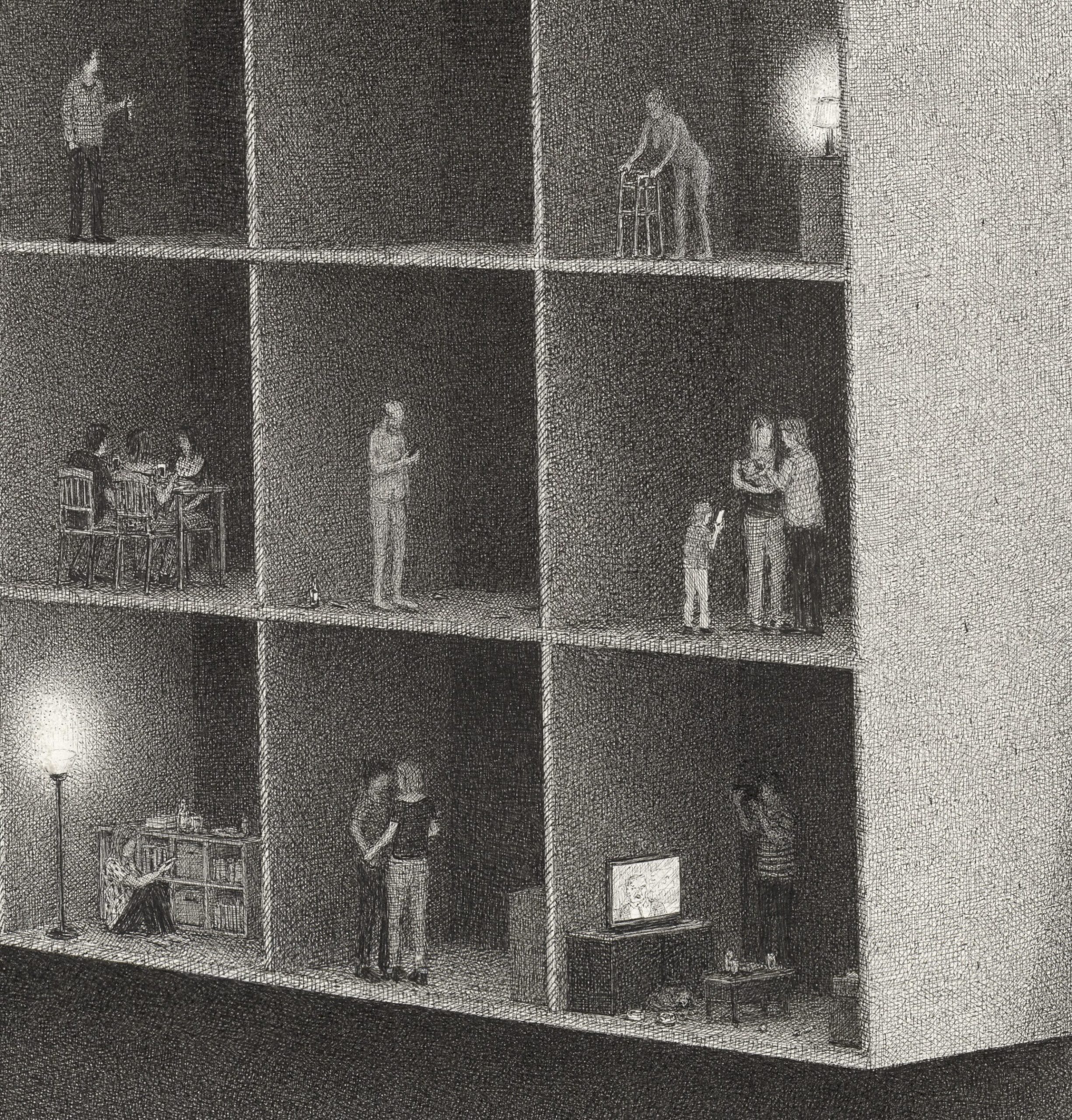 a detail of an elaborate ink drawing by Ben Tolman of figures in an abstract building complex, milling around doing different activities