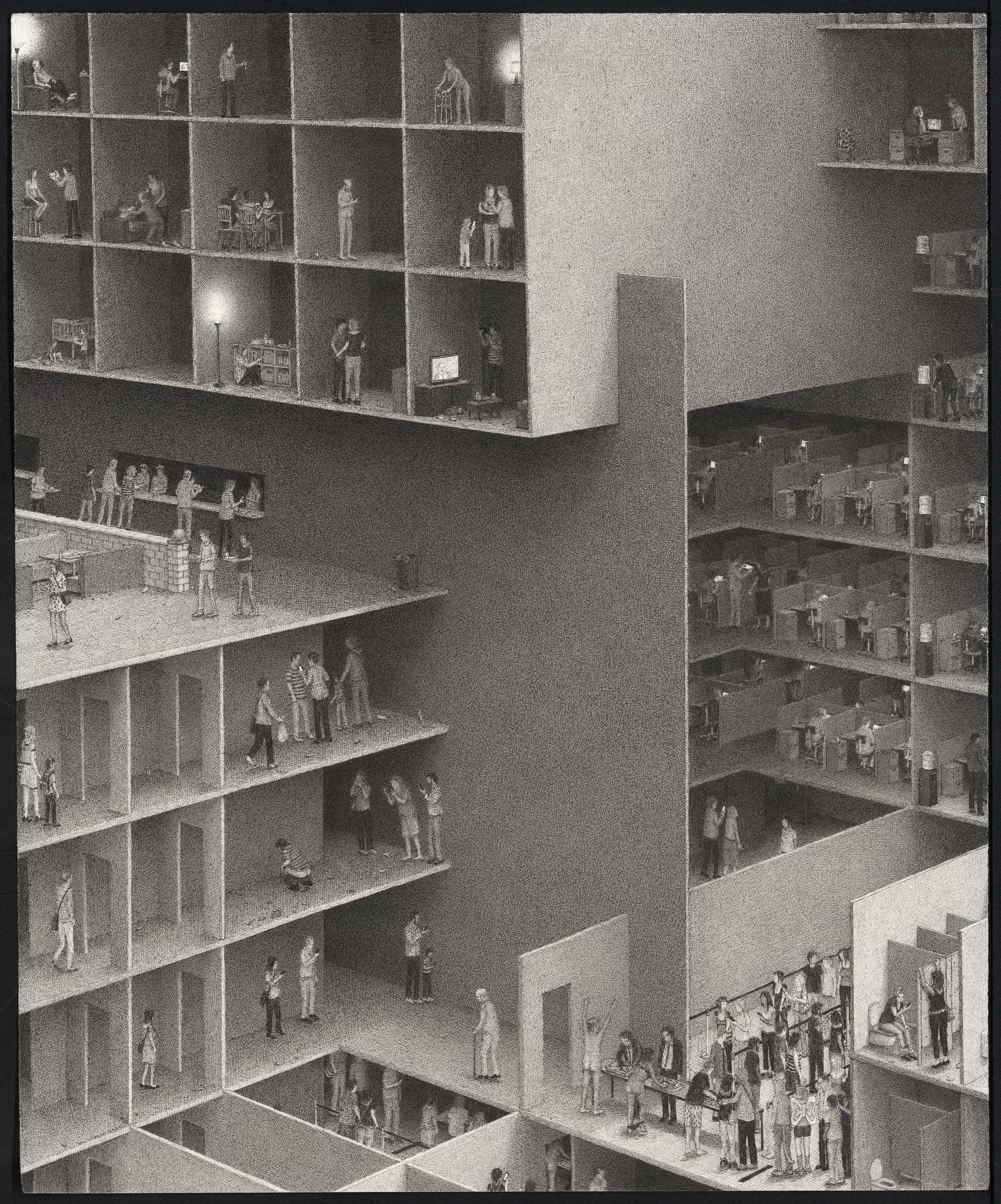 an elaborate ink drawing by Ben Tolman of figures in an abstract building complex, milling around doing different activities