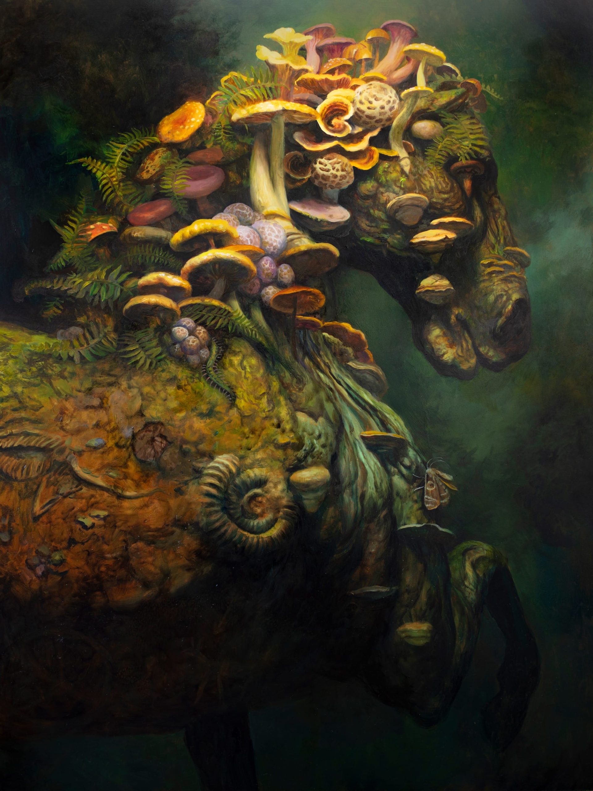 an oil painting by Martin Wittfooth of a horse covered in fungi