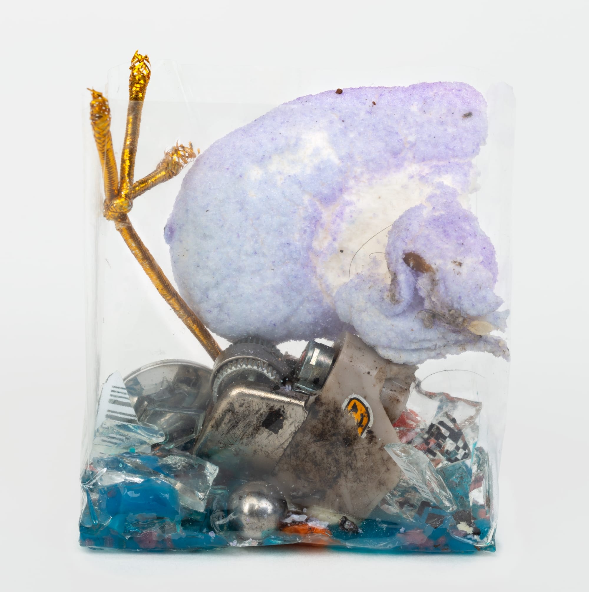 a white puffy substance, wrappers, and other refuse in a clear plastic cellophane wrapper