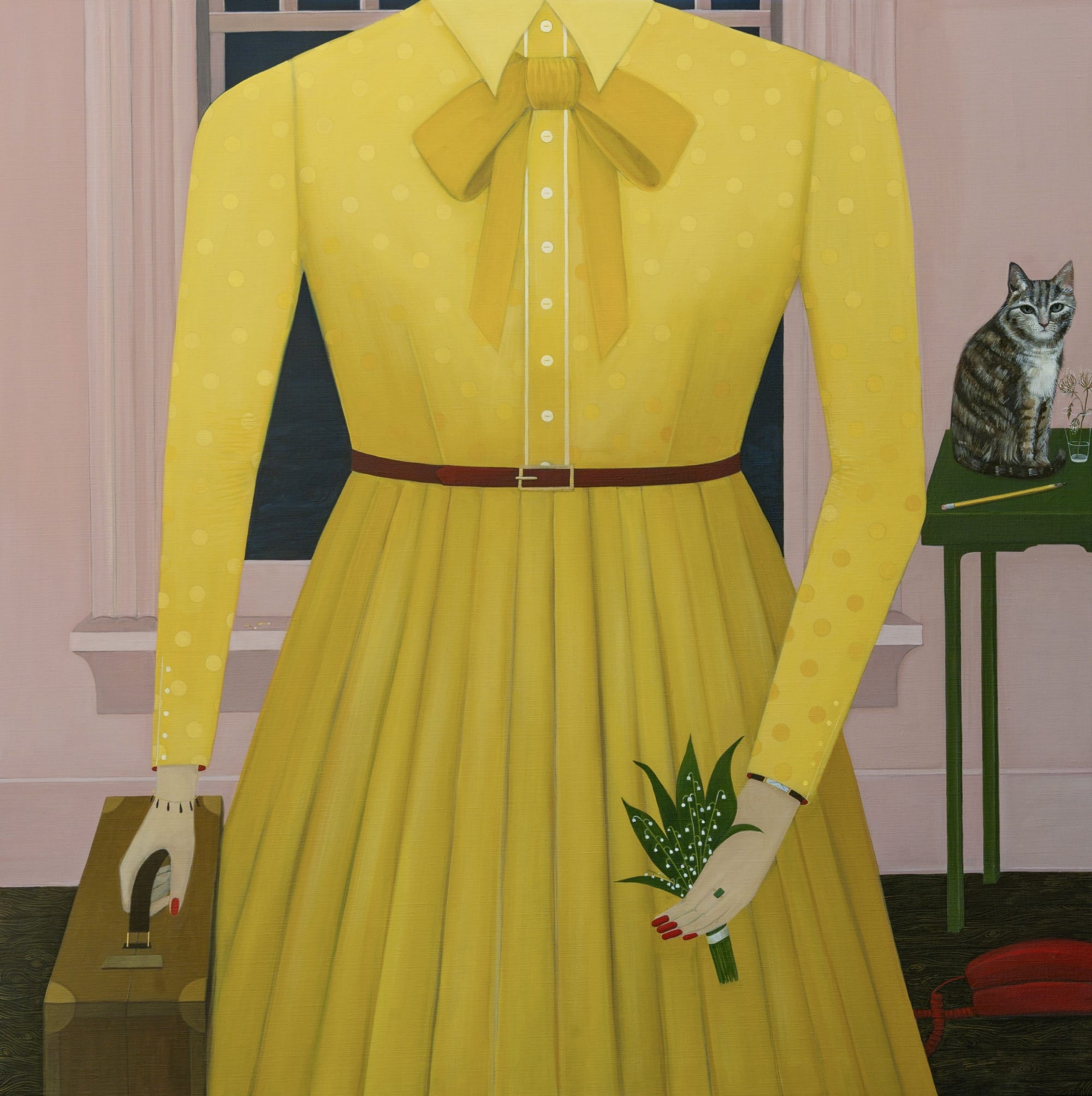 a painting by Angela Burson depicts a headless woman in a yellow dress with yellow bowtie. she holds a suitcase and green plant while a cat sits on a table with a pencil in the background
