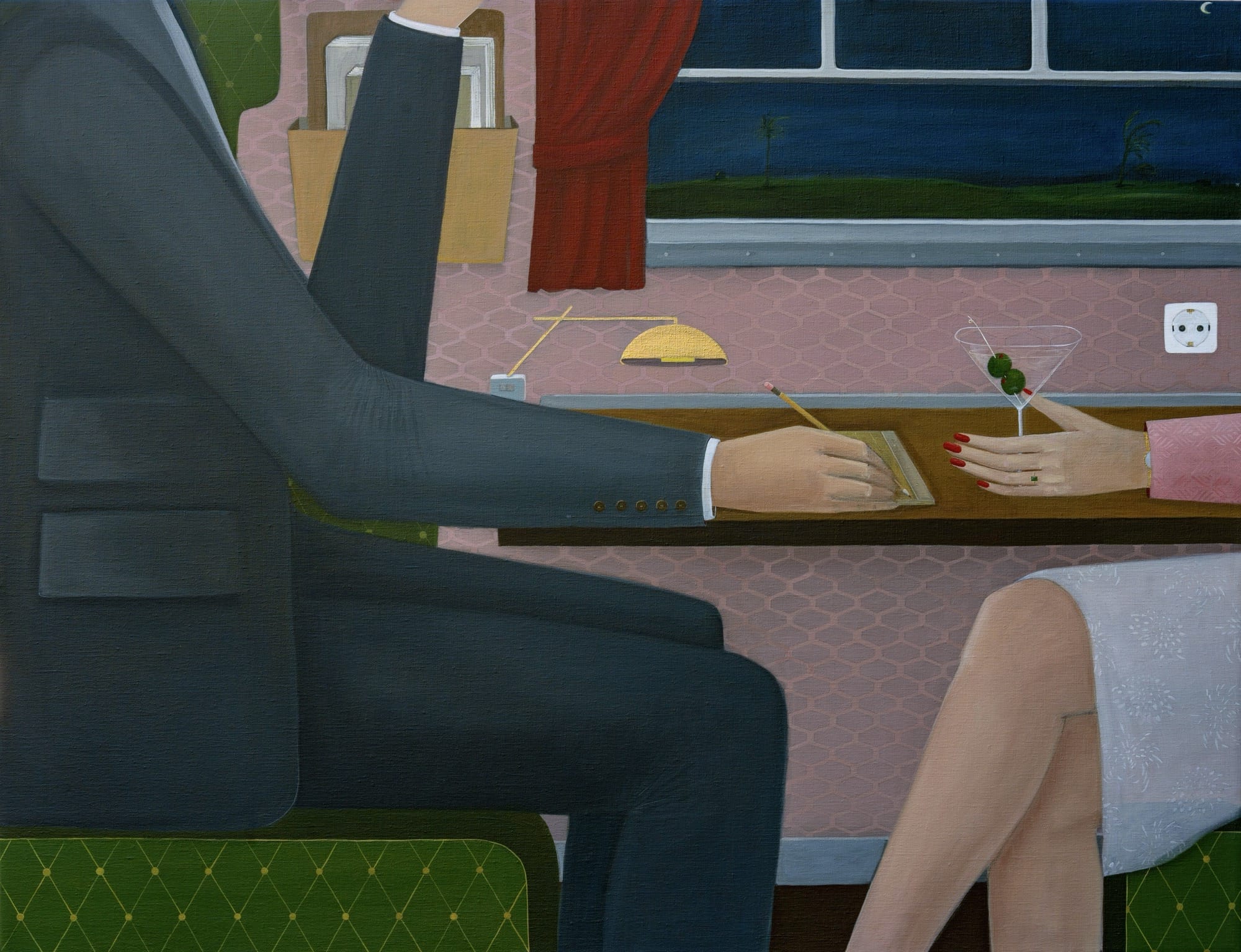 two headless people sit at a table. the man is writing, while a woman has her hand by a martini. the painting is by Angela Burson