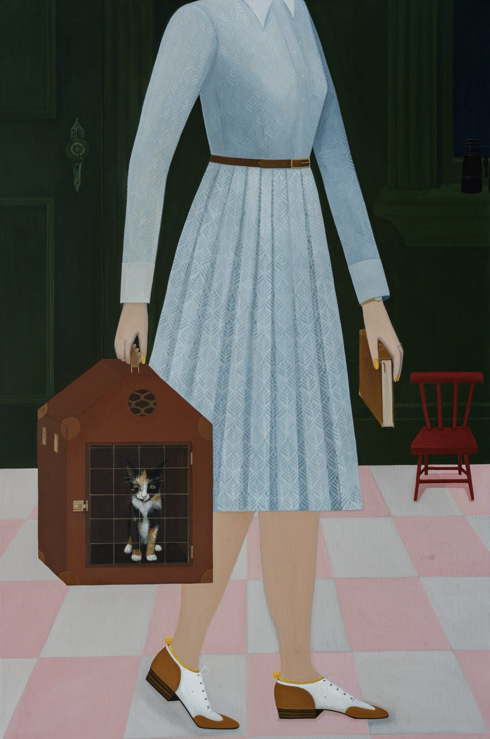 a headless woman in a blue dress holds a brown cat carrier with a cat inside as she walks across pink and white tile in an Angela Burson painting