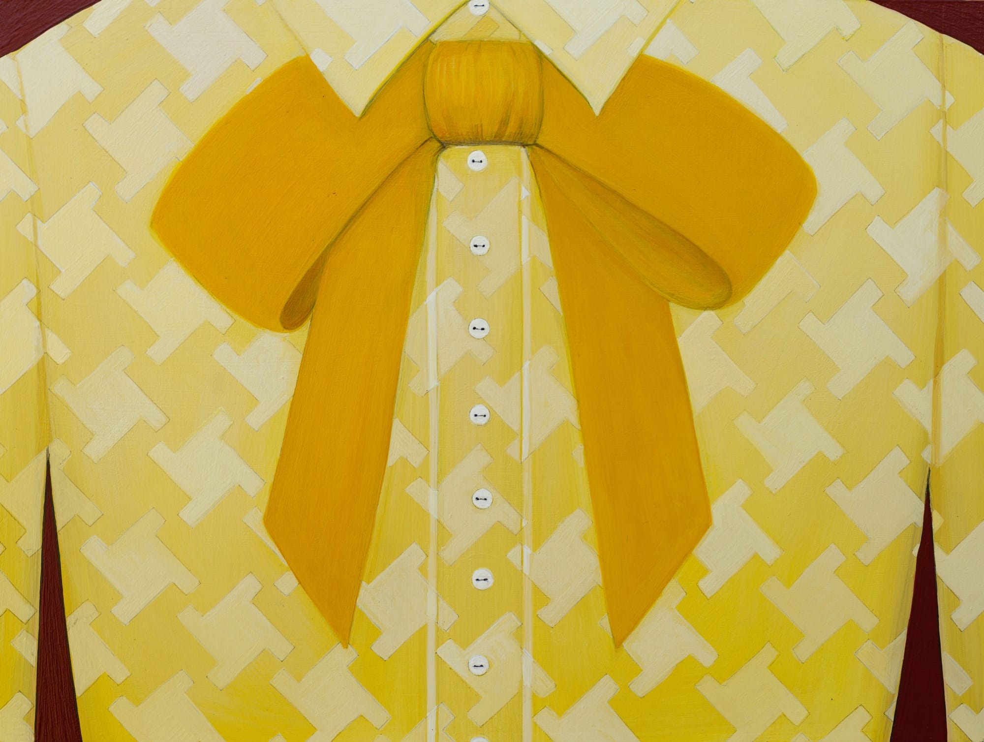 a painting by Angela Burson of cropped image of a woman's chest. she wears a yellow patterned top with a bright yellow bowtie