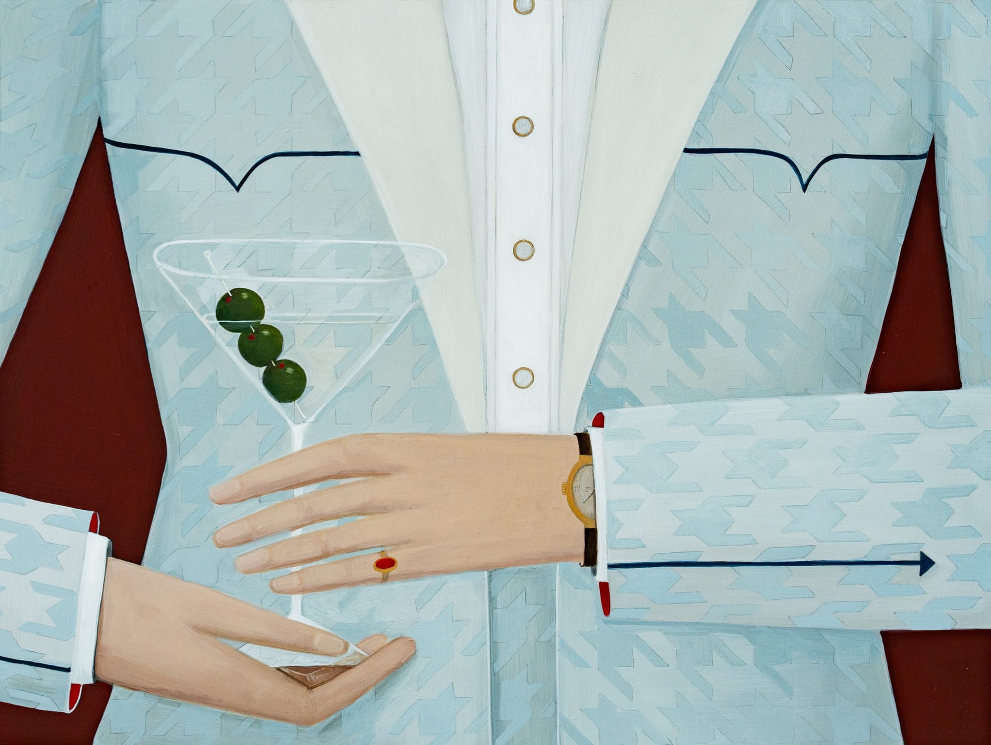 a painting by Angela Burson of a man in a blue western style suit holding a martini