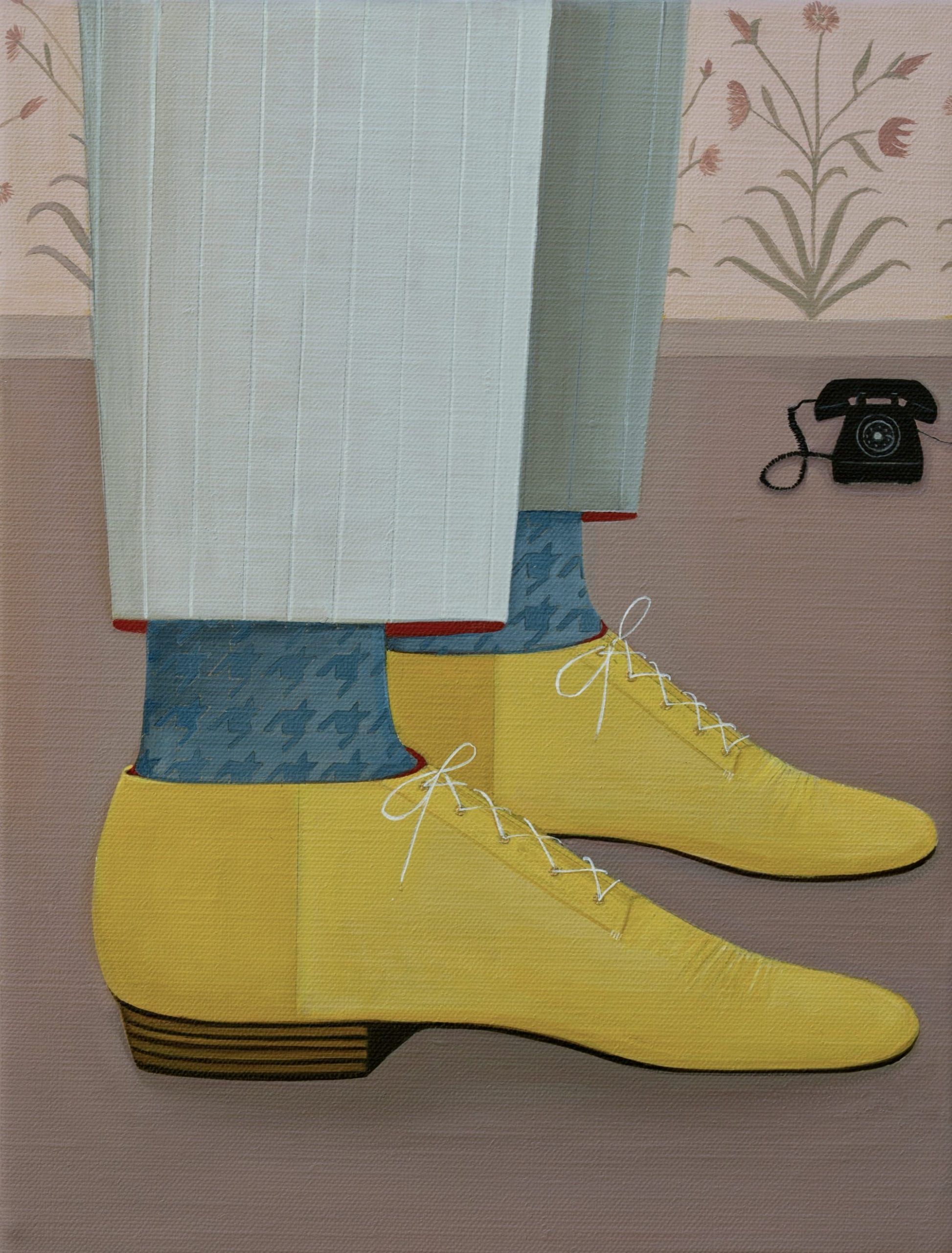 a painting by Angela Burson of a man's feet and legs. he wears yellow shoes, blue socks, and gray-blue pants. a small black rotary phone sits on the floor in the background