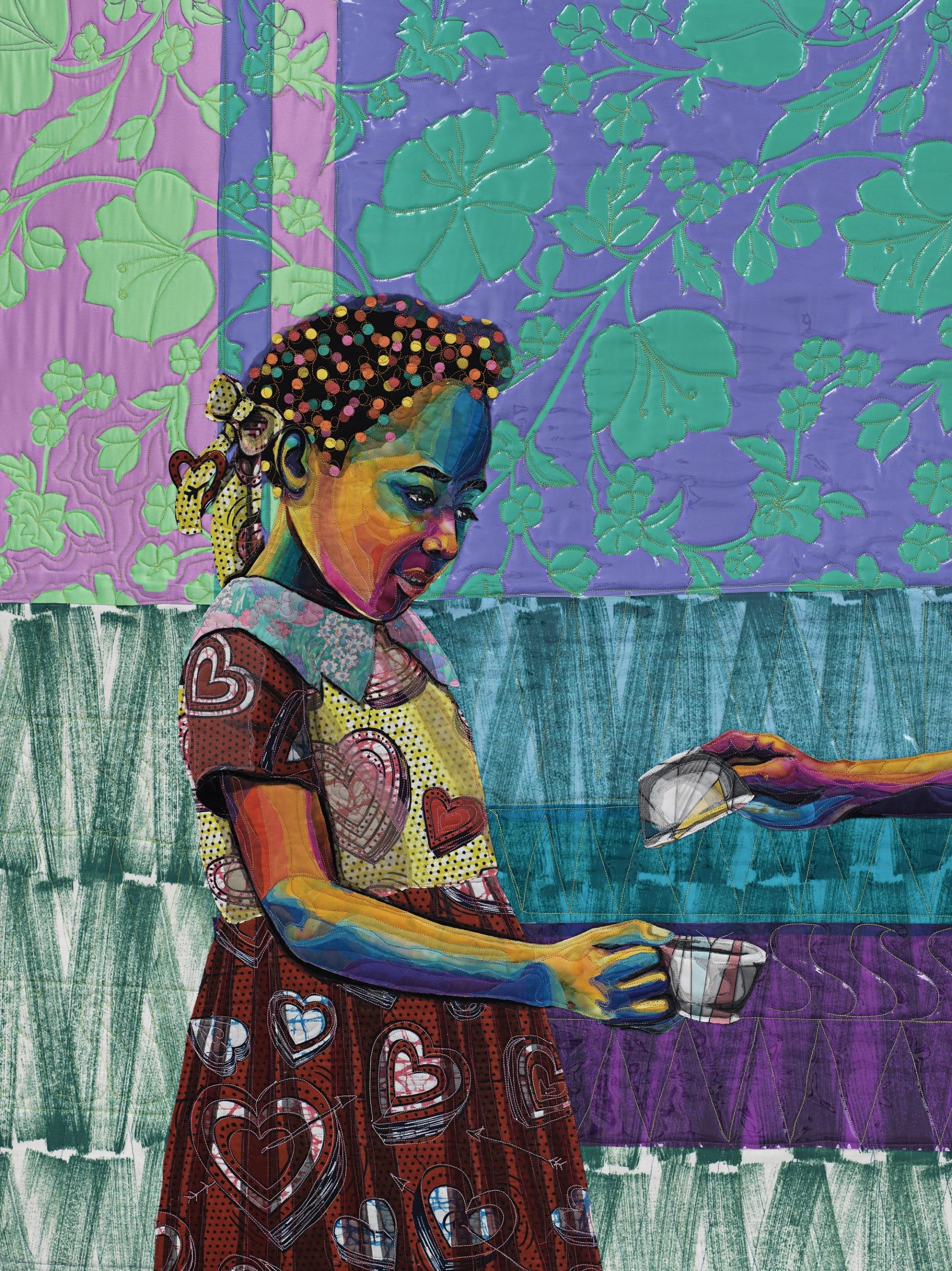 a detail of a quilted artwork by Bisa Butler showing a young Black girl standing against a brightly patterned background
