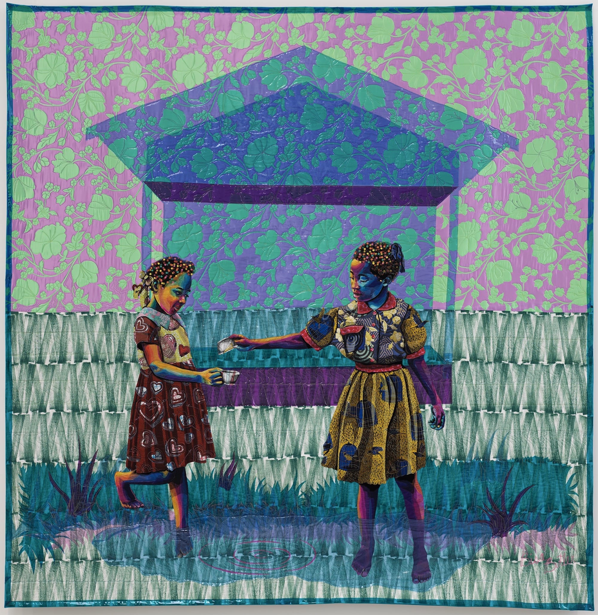 a quilted artwork by Bisa Butler featuring two young Black girls playing in front of a window, with numerous stretches of patterned fabric