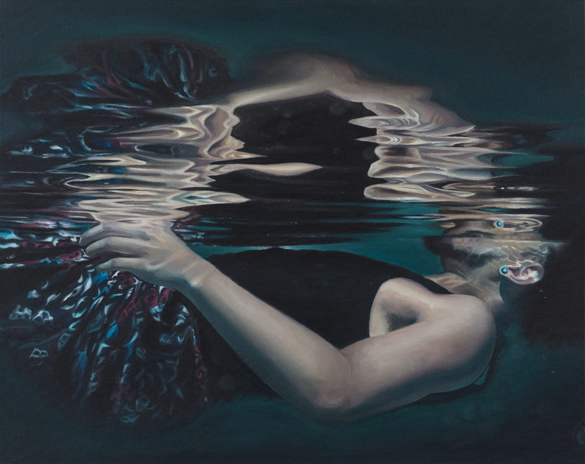 a mirrored Black figure underwater in a painting by Calida Garcia Rawles