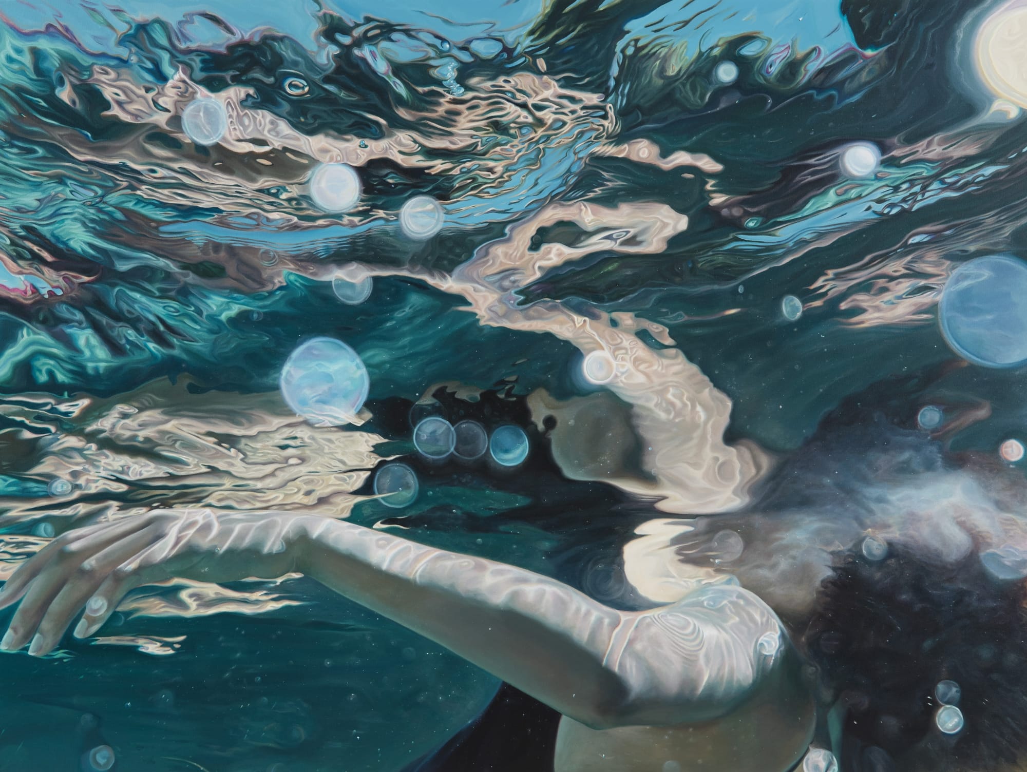 a mirrored Black figure underwater in a painting by Calida Garcia Rawles