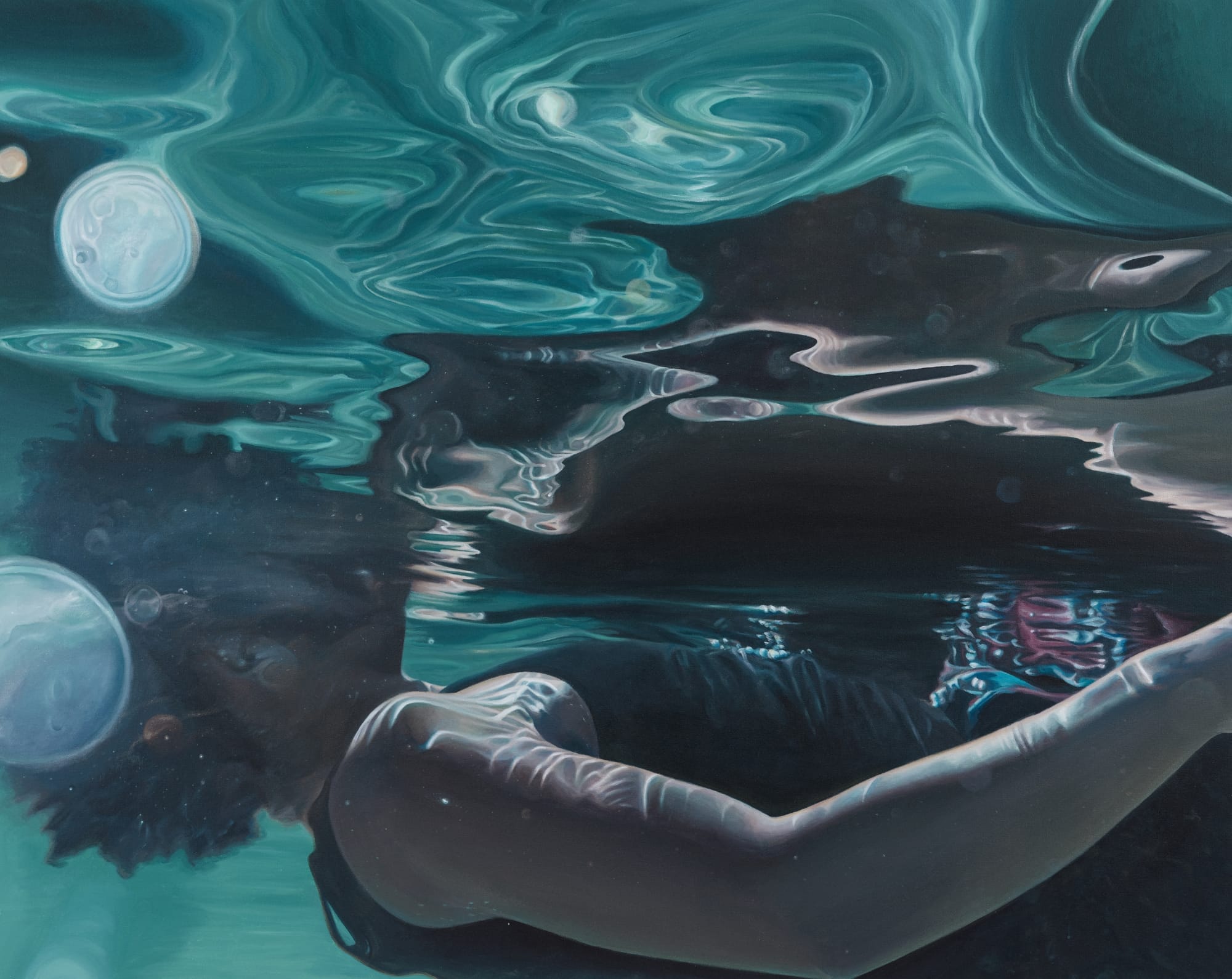 a mirrored Black figure underwater in a painting by Calida Garcia Rawles