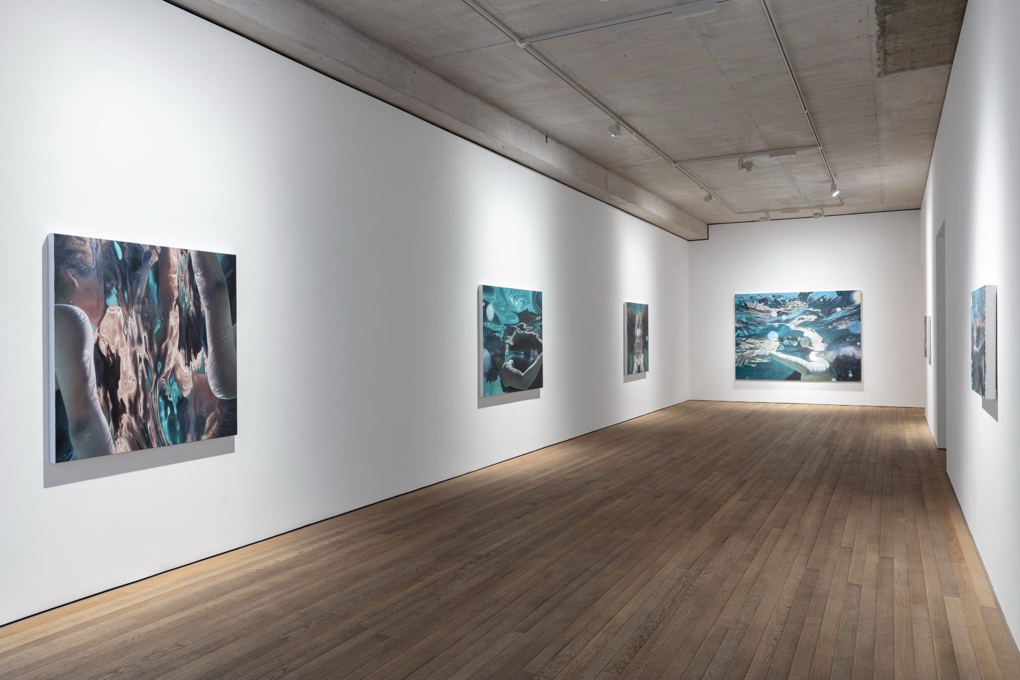 five large paintings by Calida Garcia Rawles in a white gallery