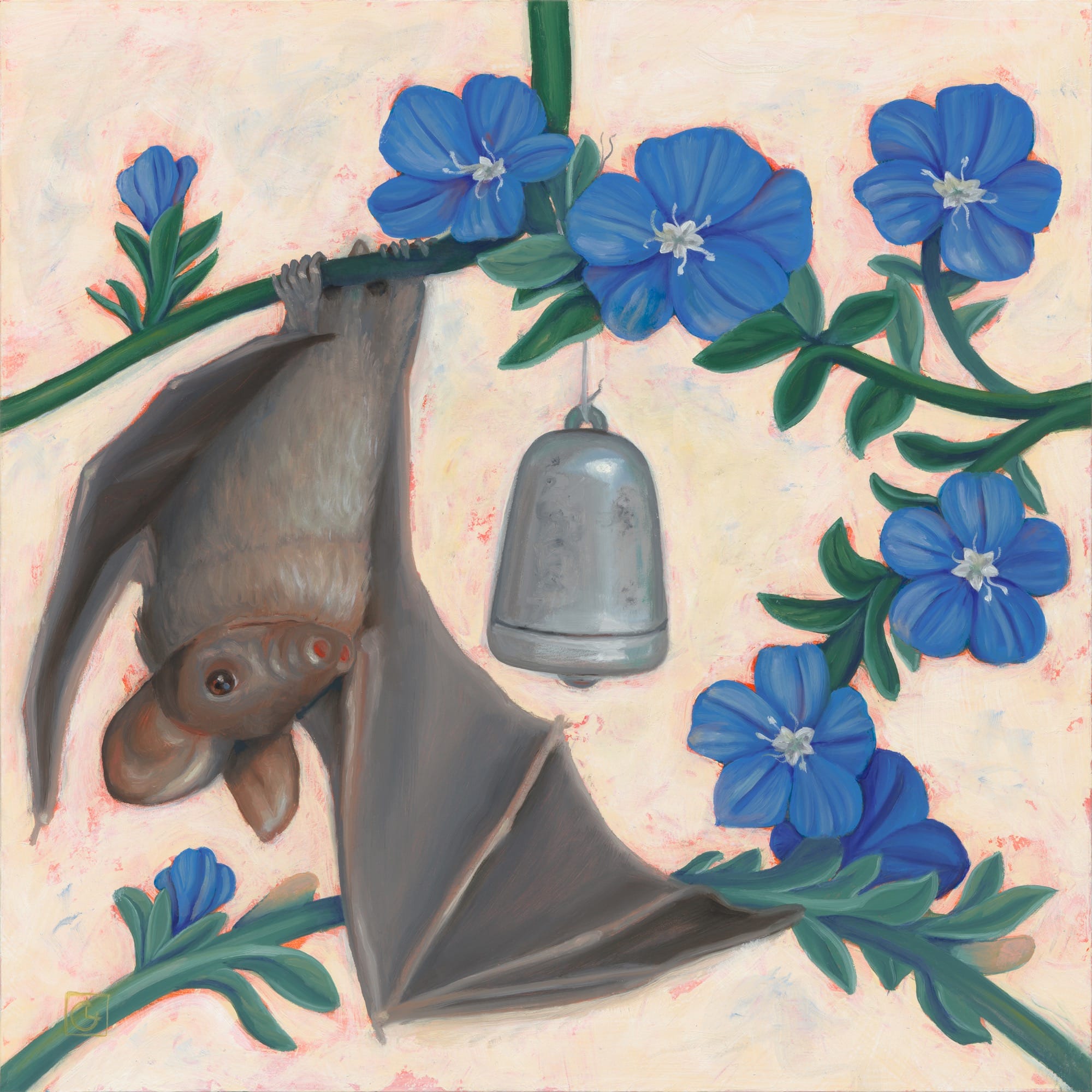 a painting by Laura Catherwood of a gray bat hanging from a flowery twig next to a small bell
