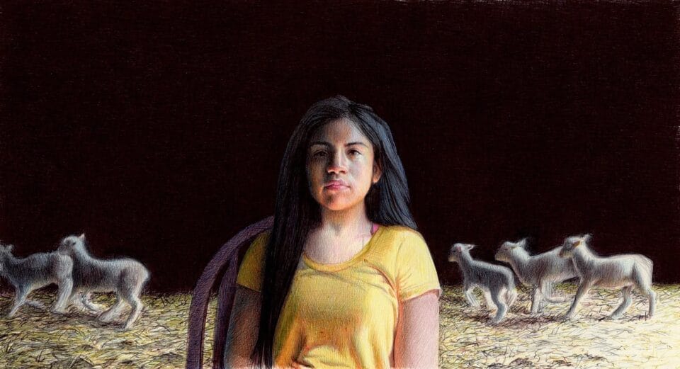 a drawing of a teenage girl seating with lambs behind her by Nicolas V Sanchez