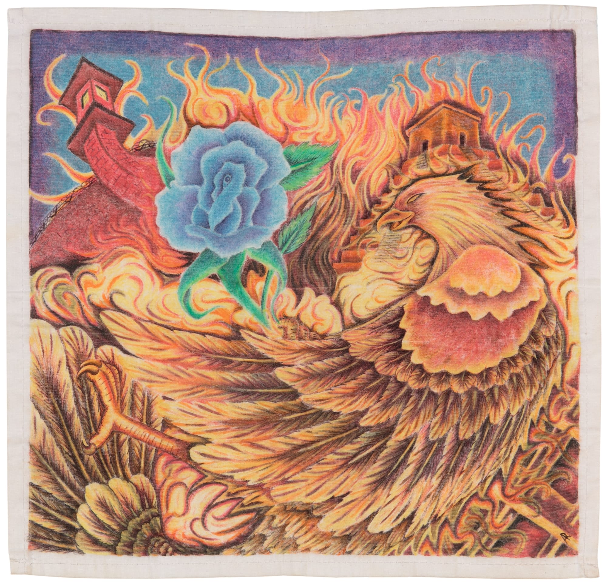 a vivid fiery drawing of an eagle and blue rose by Carlos Cervantes