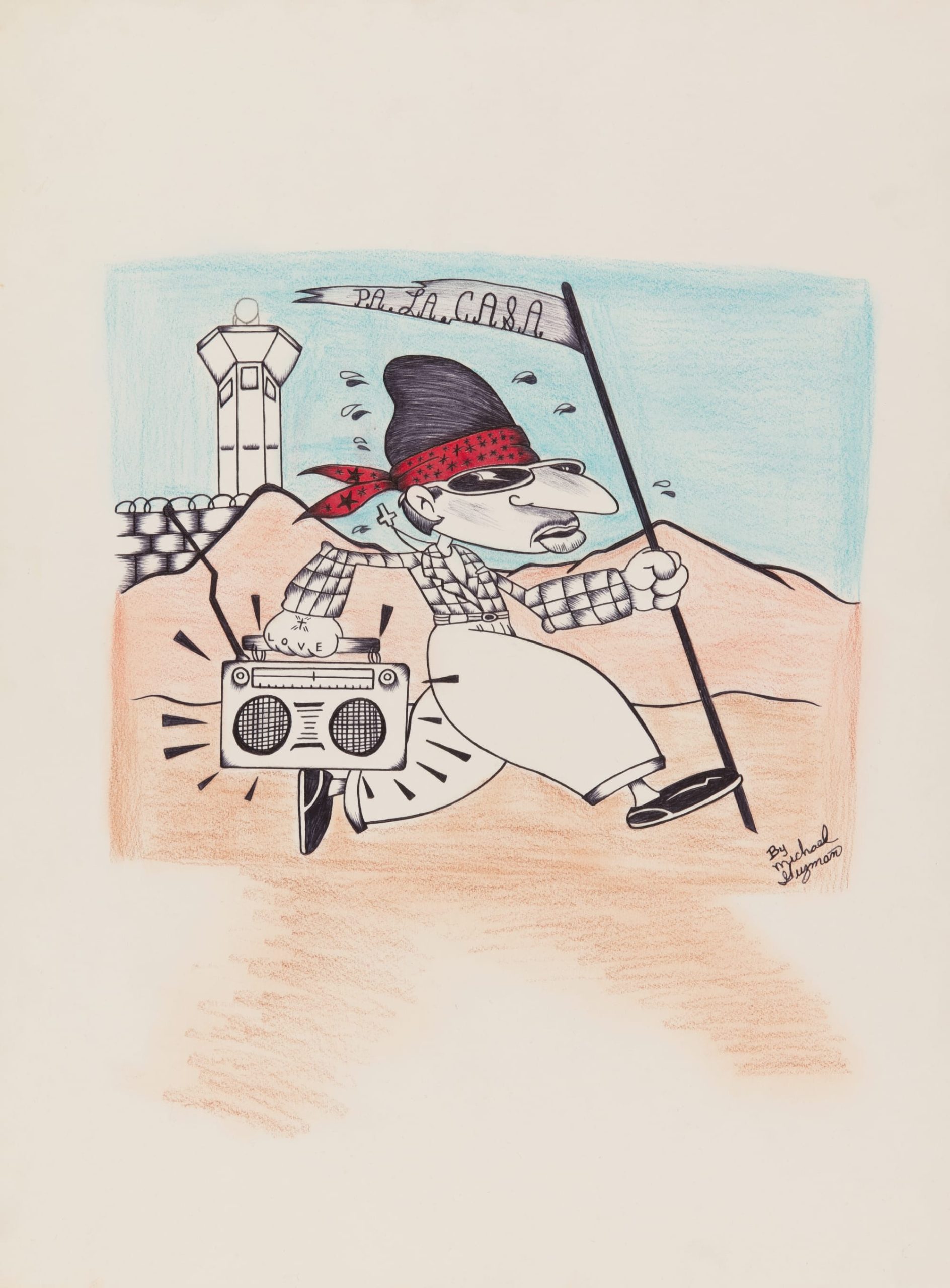 a drawing by Michael Guzman featuring a person with a boombox and red bandana wrapped around his head running away from a prison
