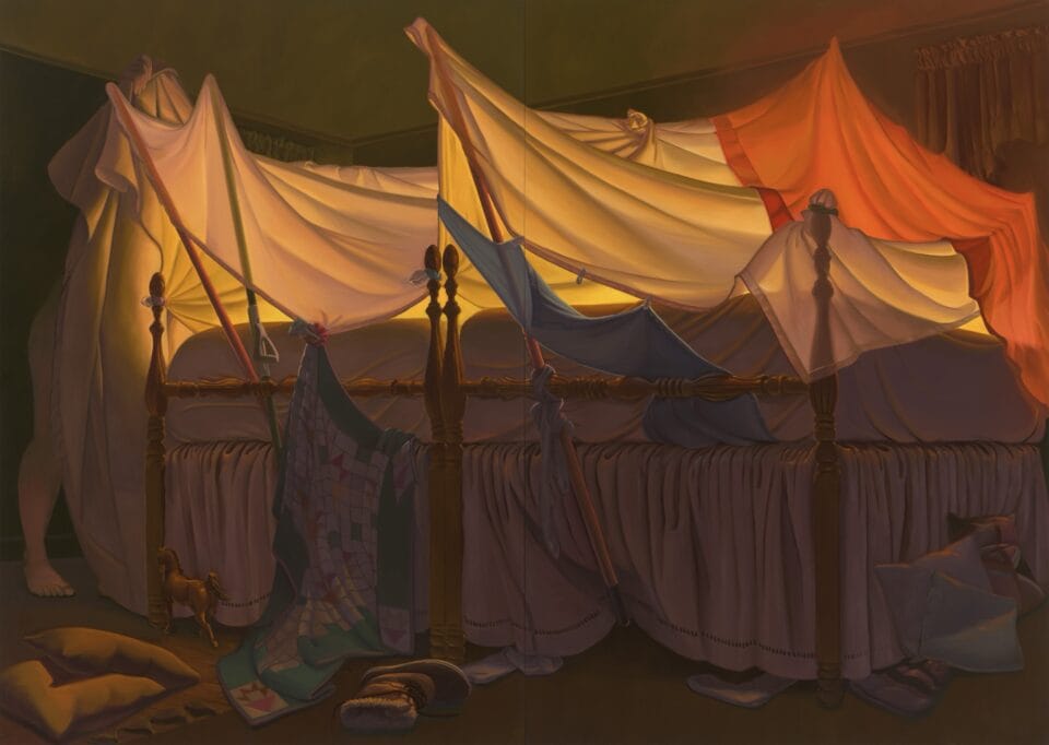an oil painting by Maud Madsen of an illuminated blanket fort
