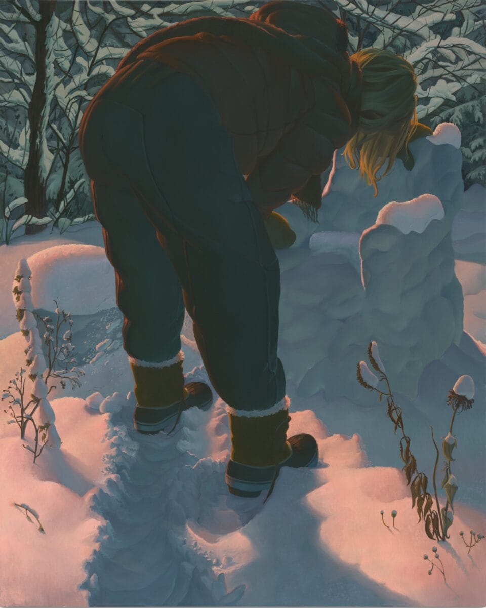 an oil painting by Maud Madsen of a woman in a coat and snow pants making a structure out of snow