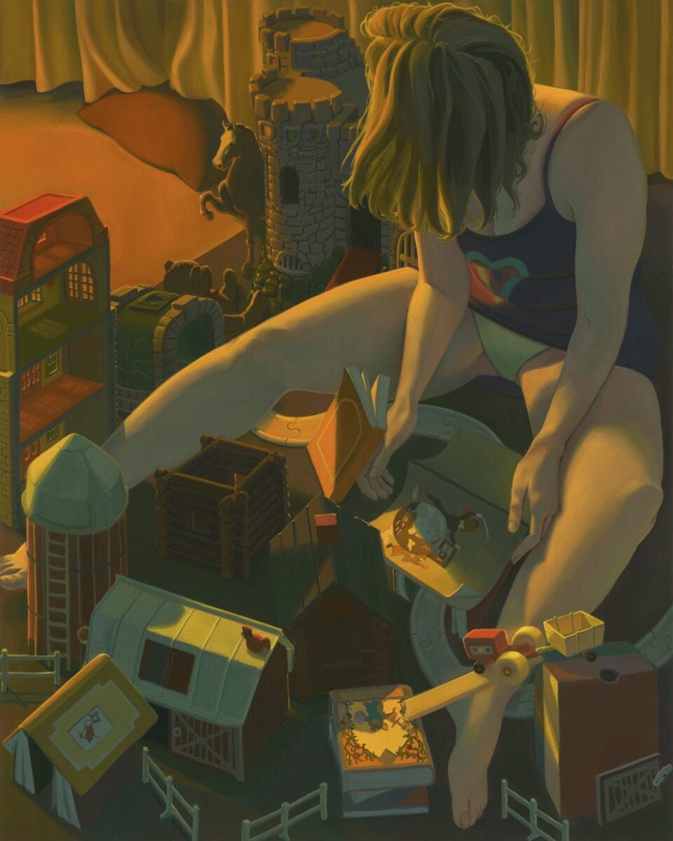 an oil painting by Maud Madsen of a nighttime scene inside a house, surrounding by childhood games and toys