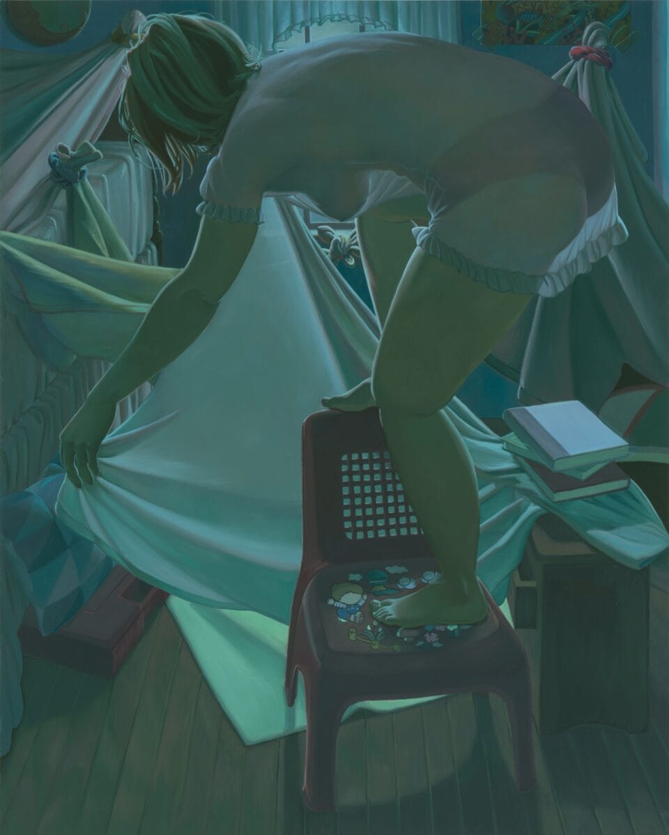 an oil painting by Maud Madsen of a nighttime scene where a woman is standing on a chair and building a fort out of blankets