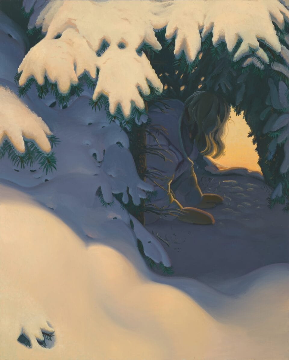 an oil painting by Maud Madsen of a woman outside in the snow, under an evergreen tree