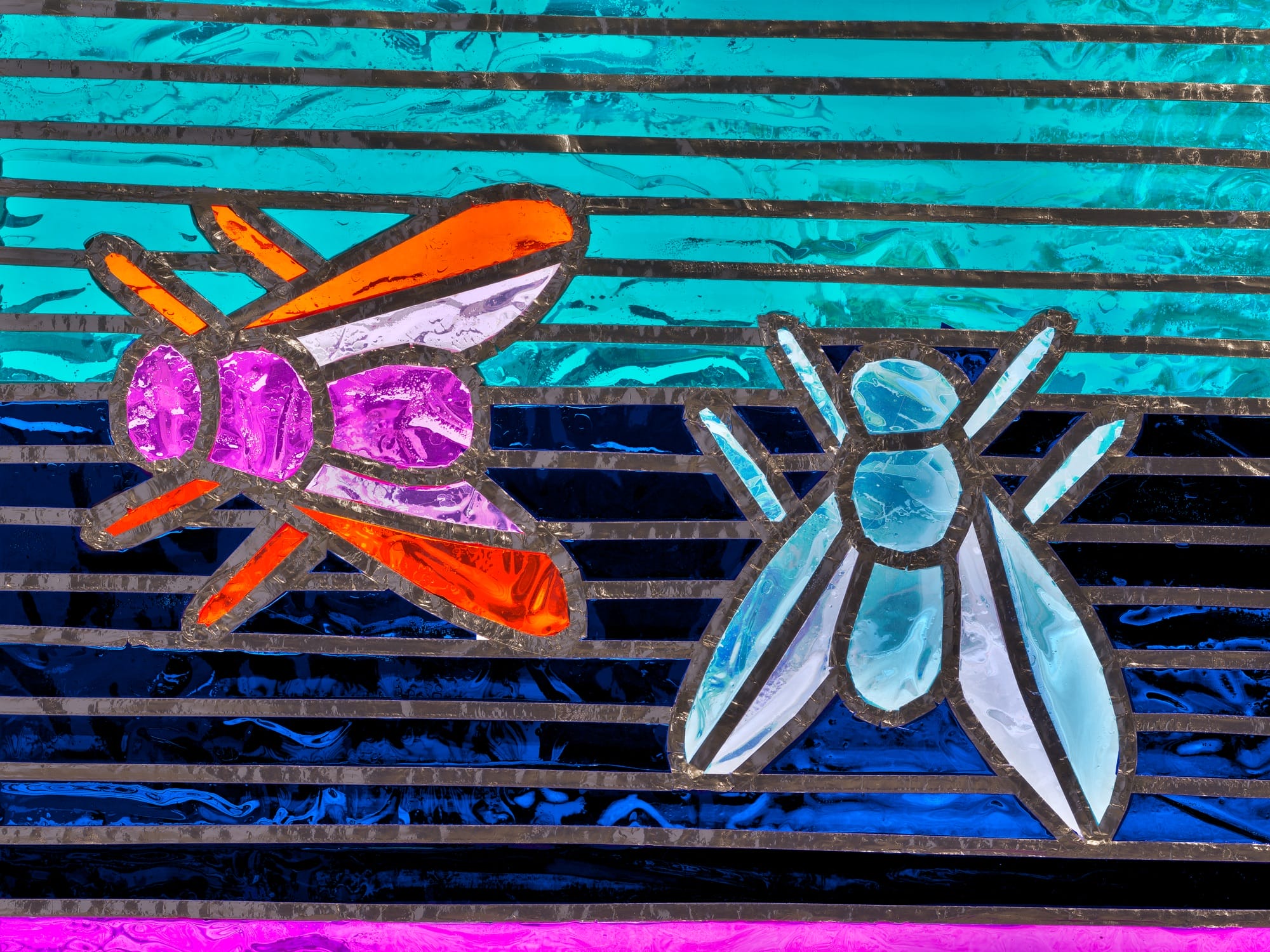 a detail image of a work by Raul de Nieves of two dragonflies on a blue striped backdrop