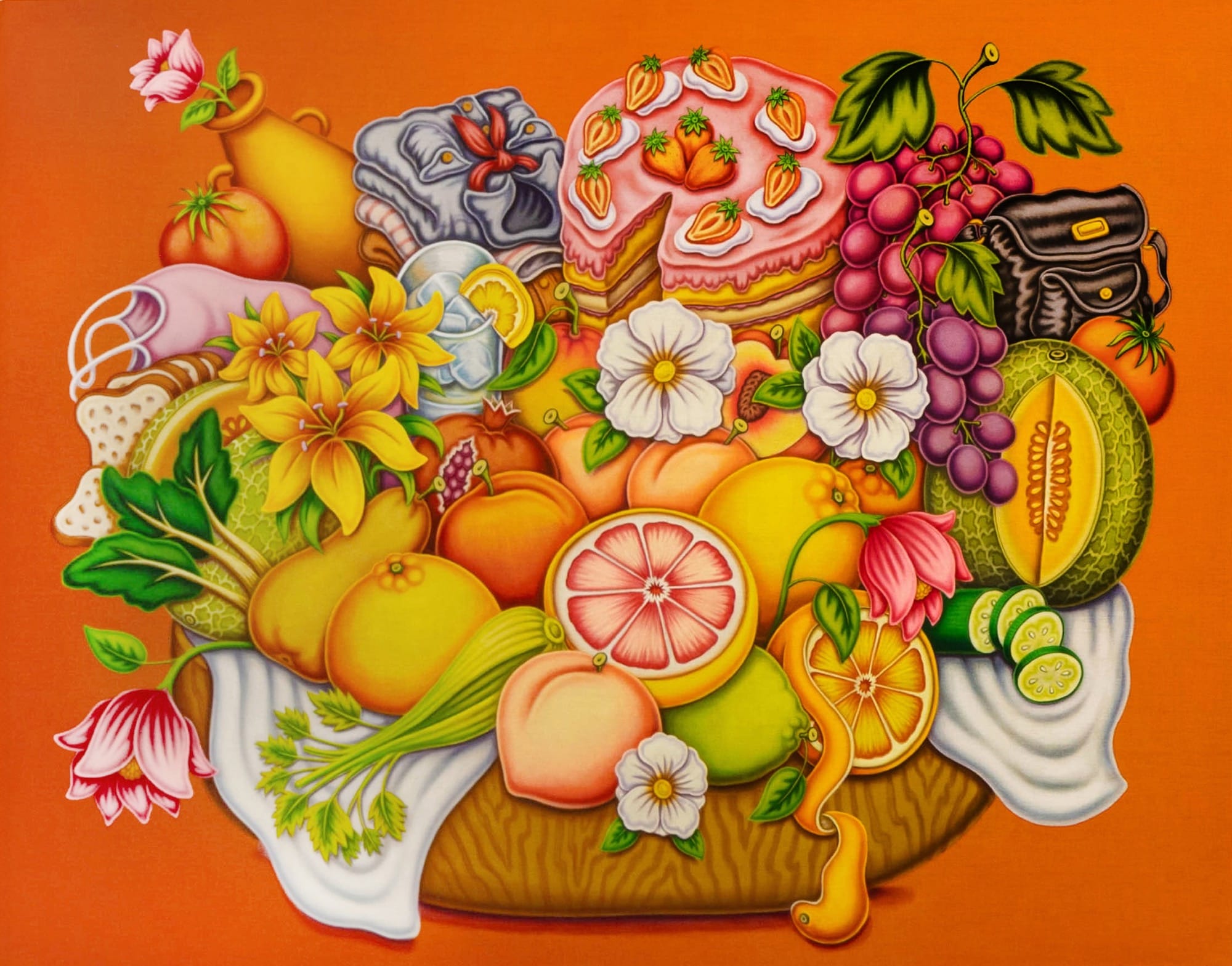a painting by Pedro Pedro of numerous fruits and treats in a basket