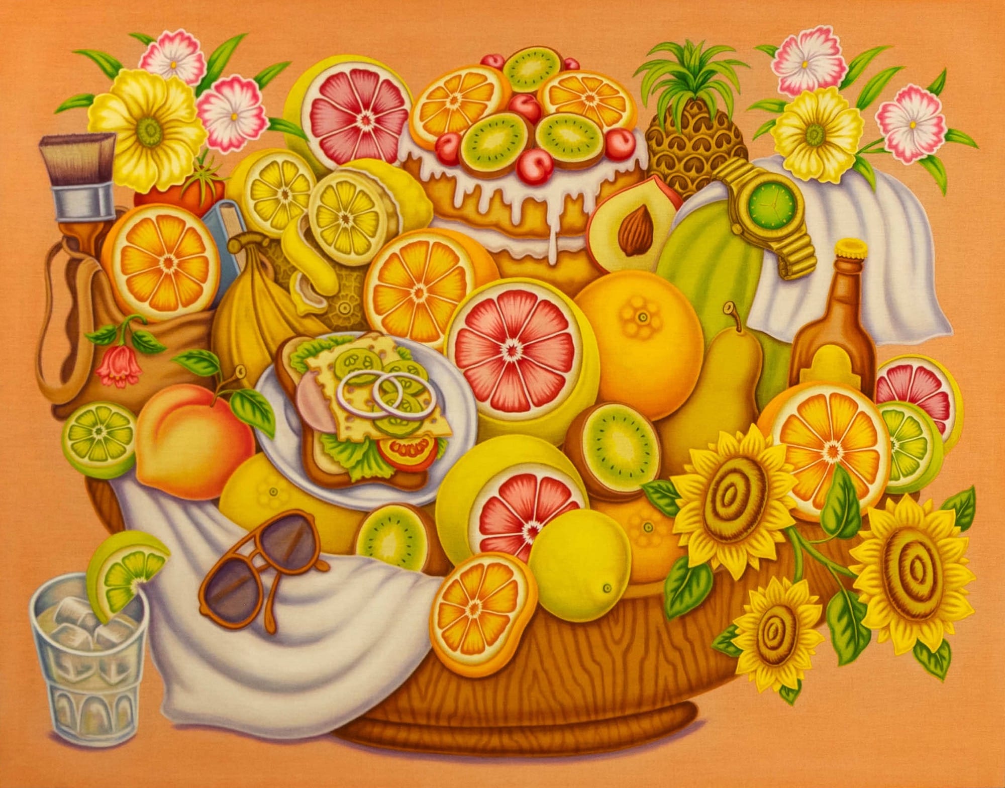 a painting by Pedro Pedro of numerous fruits and treats in a basket