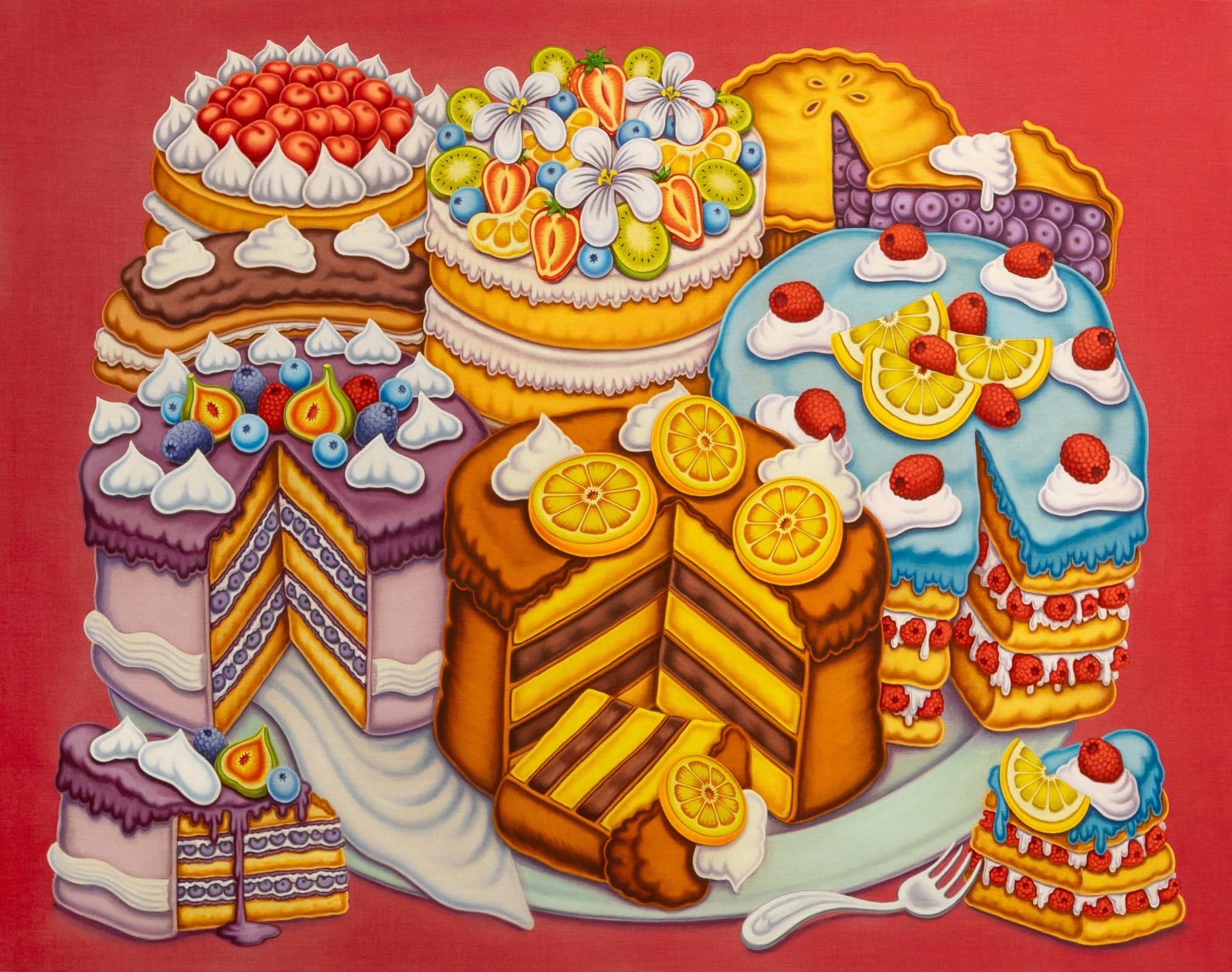 a painting by Pedro Pedro of numerous fruits and treats on a blanket
