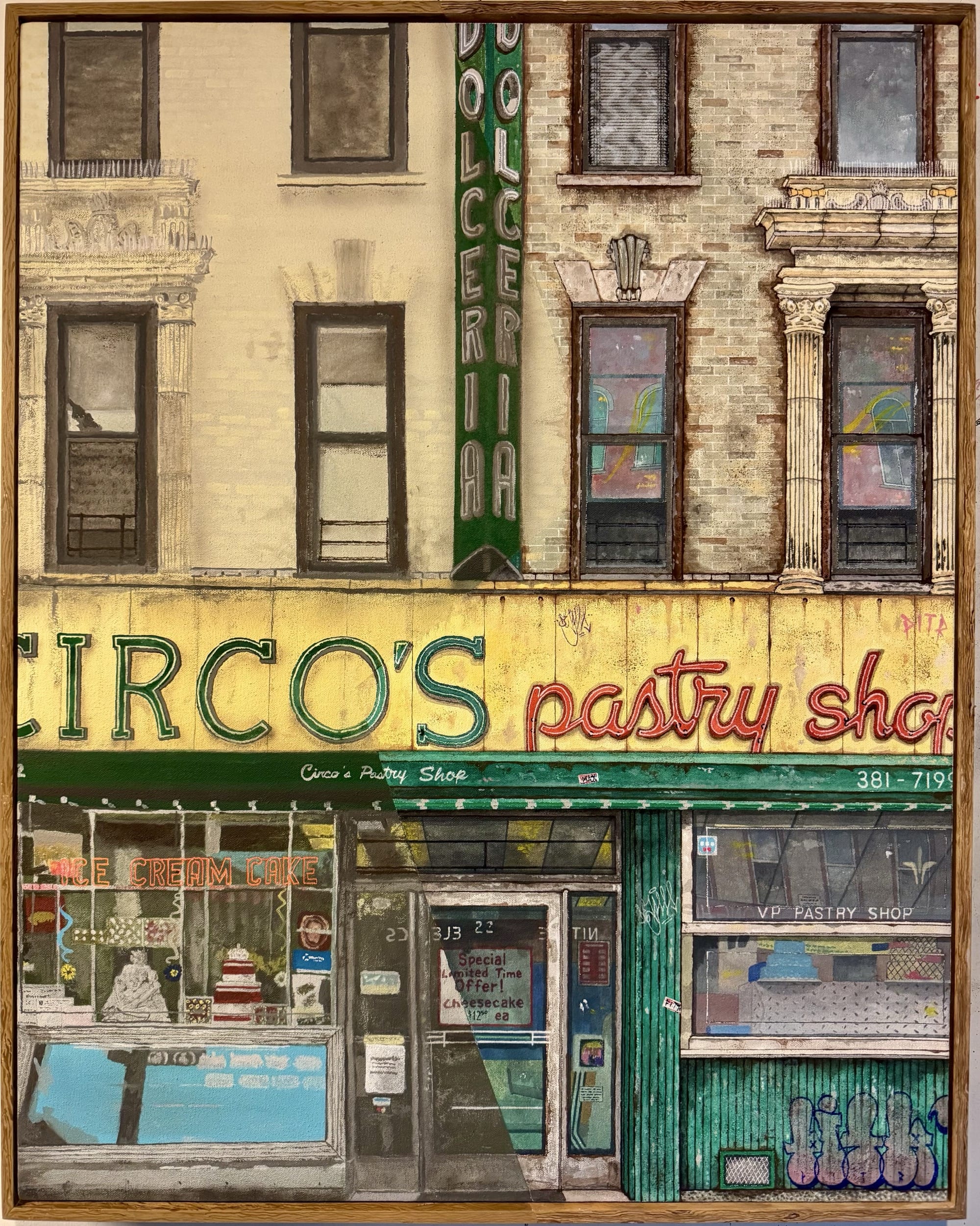 a framed painting by Pizza in the Rain of a detail of the facade of Circo's Pastry Shop