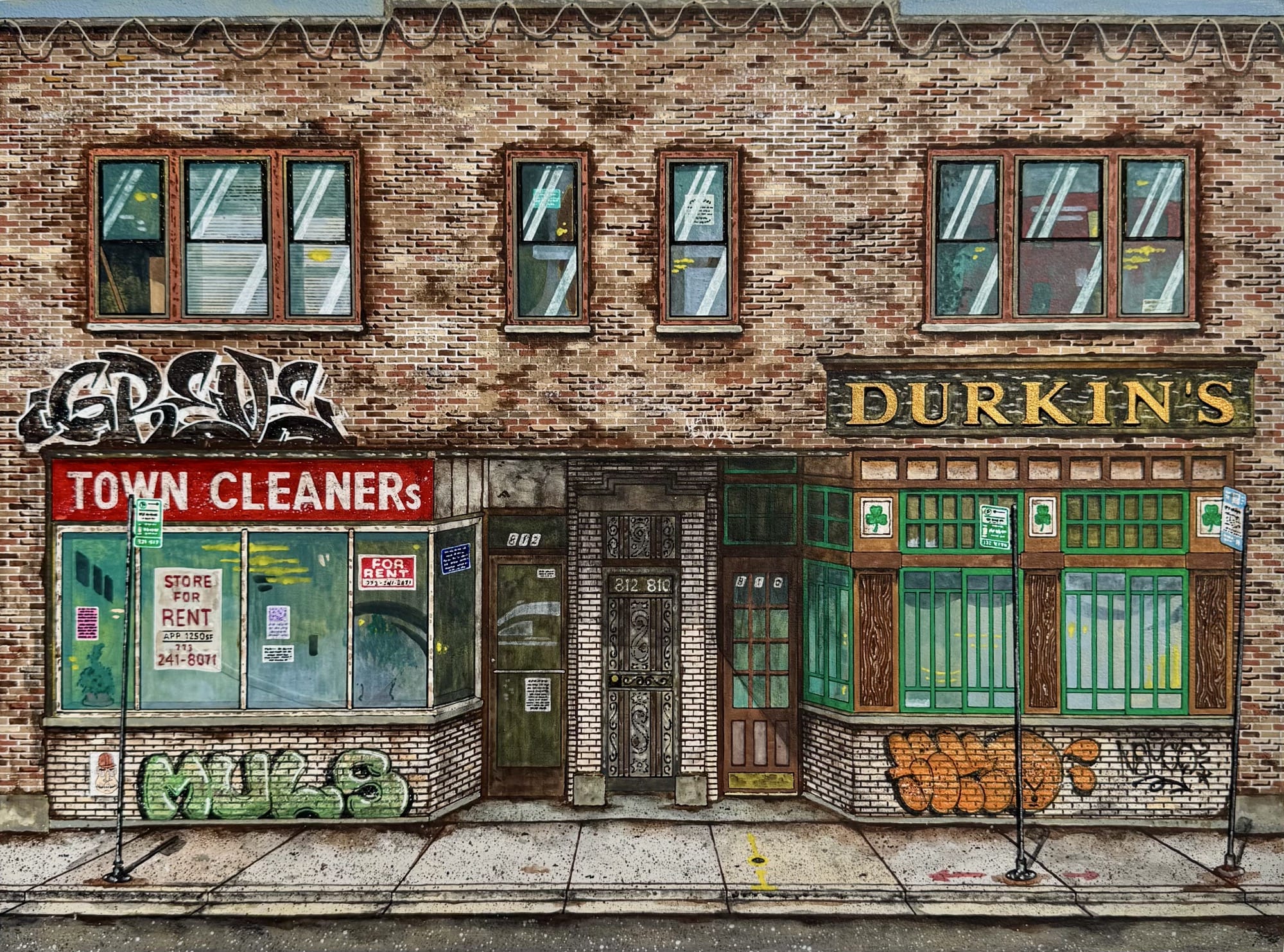 a painting by Pizza in the Rain of two storefronts, one for a cleaners and one for a business called Durkins