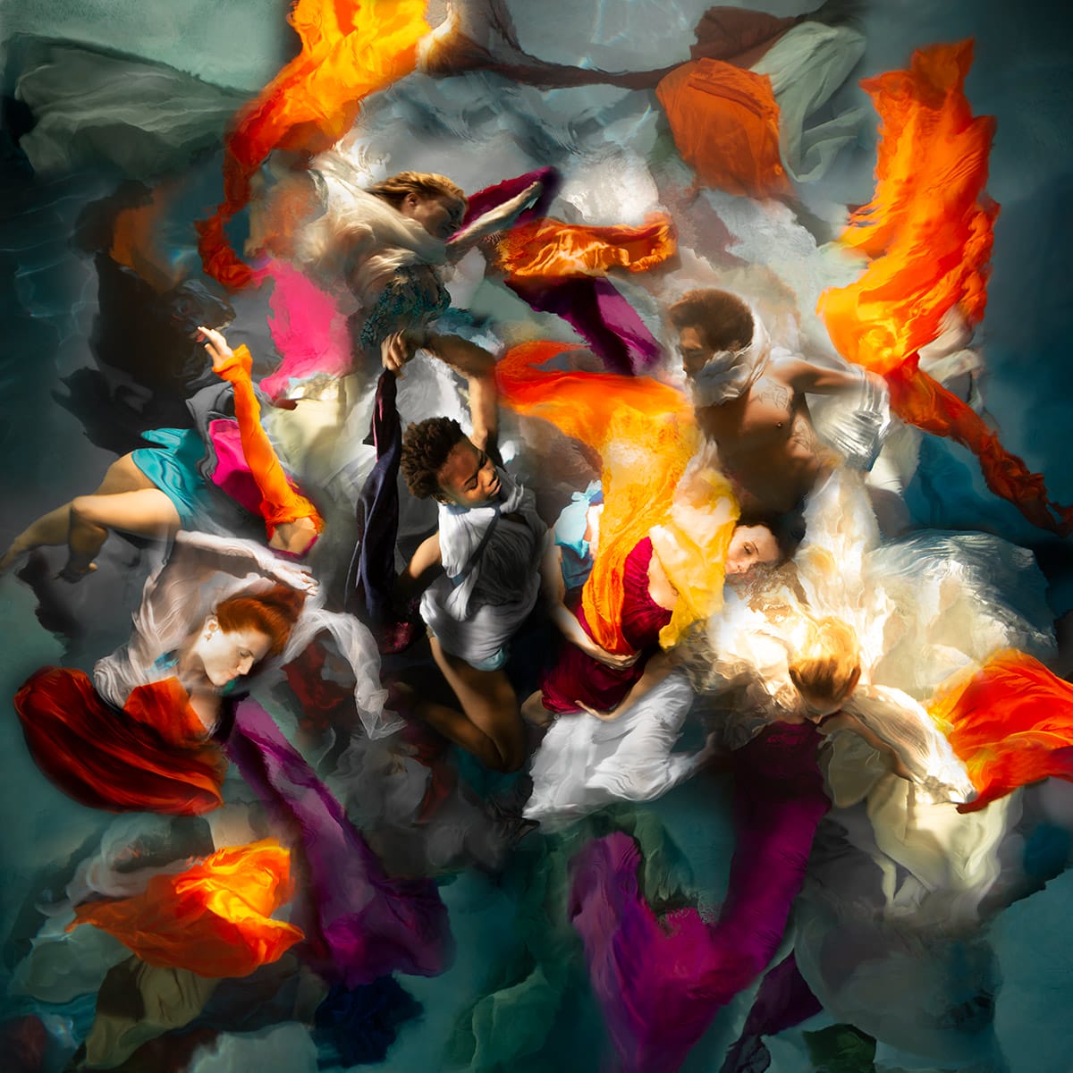 an underwater photograph by Christy Lee Rogers of figures enveloped in billowing fabric