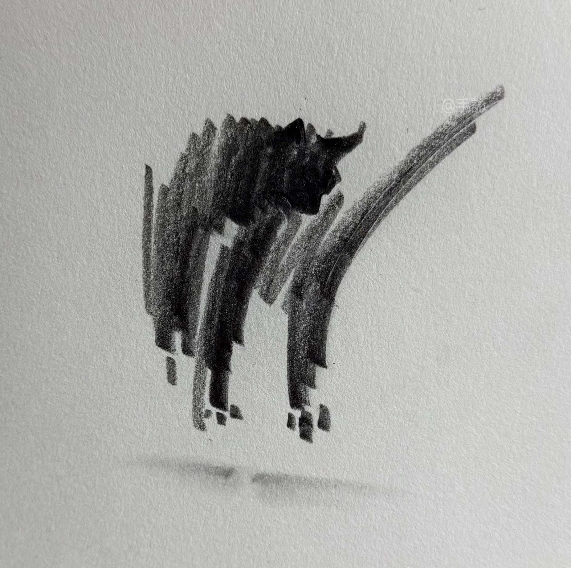 a small graphite drawing by ShouXin of a startled cat, made with emphatic pencil strokes