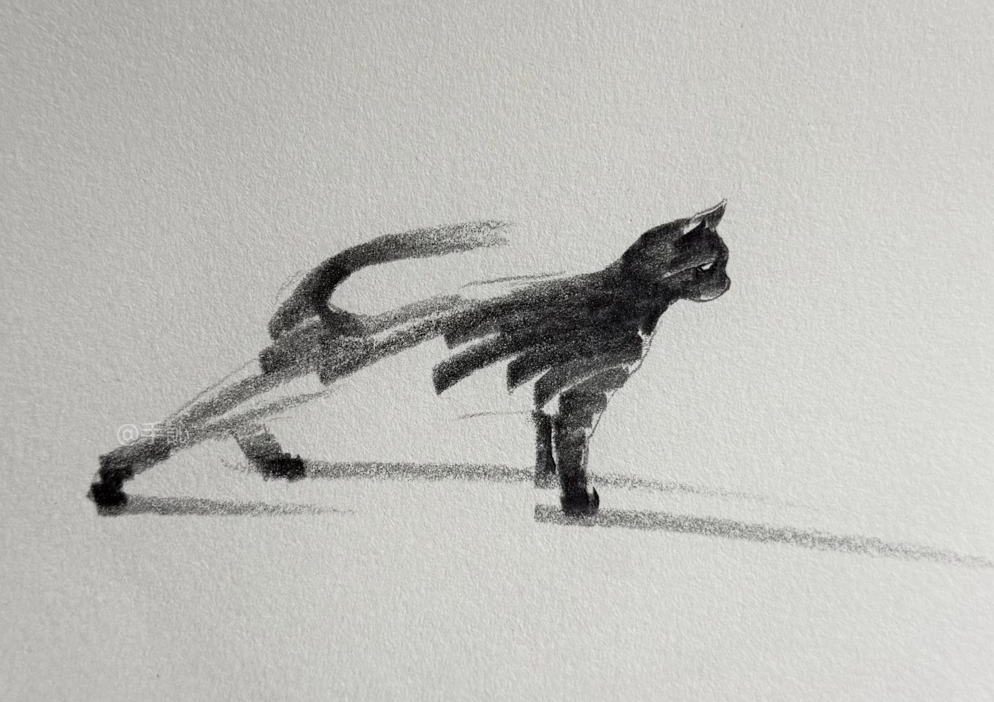 a small graphite drawing by ShouXin of a stretching cat, made with emphatic pencil strokes