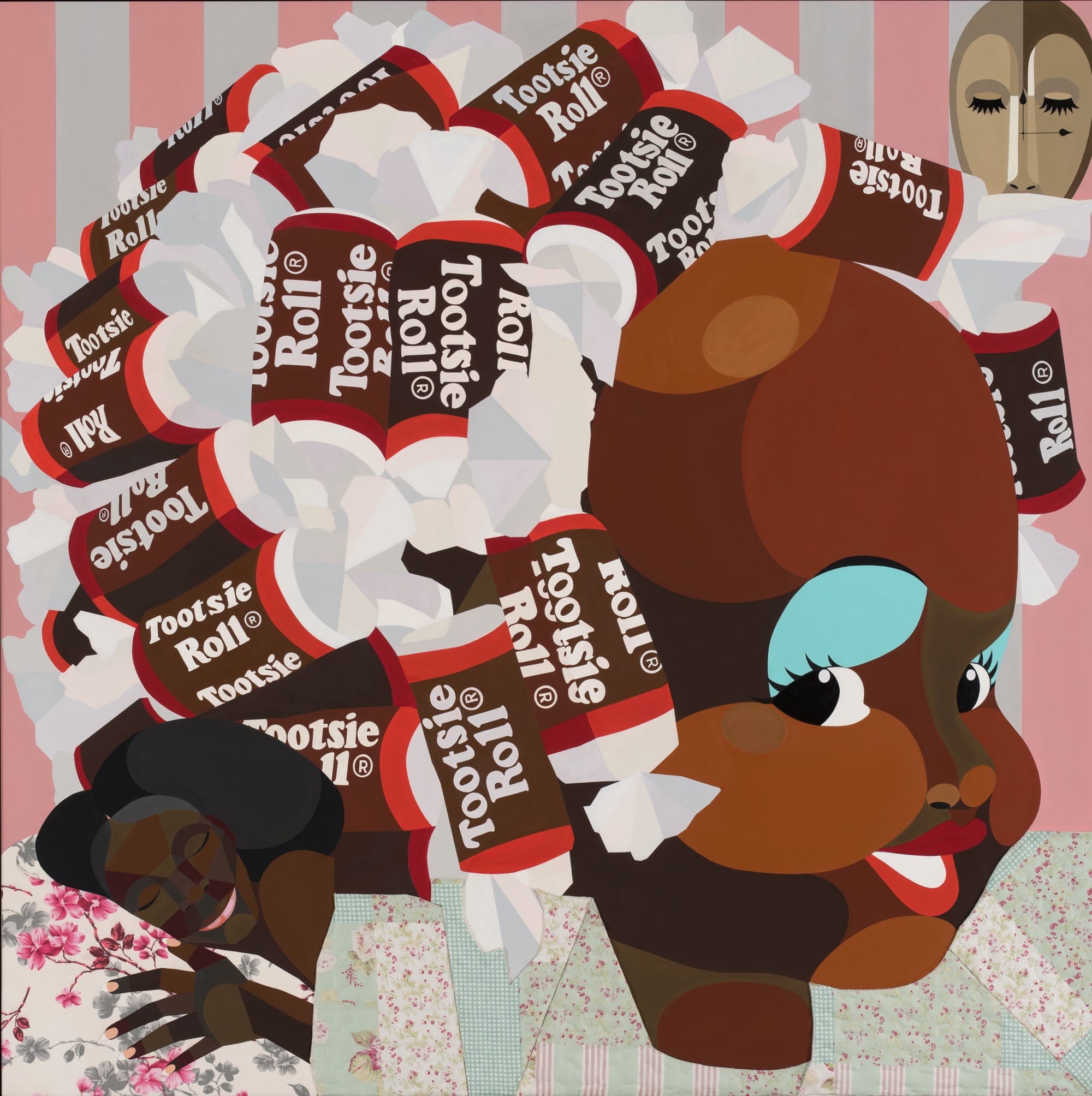 a painting by Derrick Adams of a stylized portrait of a Black child with Tootsie Rolls for hair