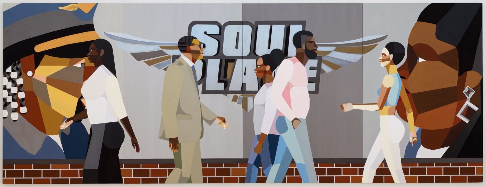a horizontal painting by Derrick Adams of Black people walking in front of a mural
