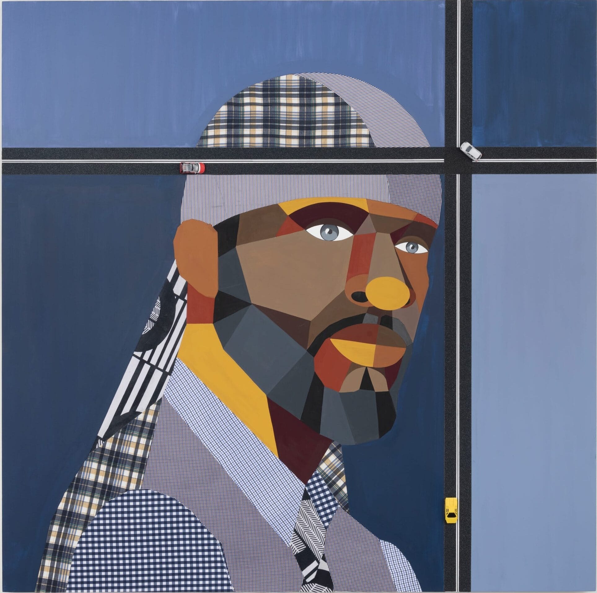 a painted portrait by Derrick Adams of a Black man with plaid patterns on his clothes