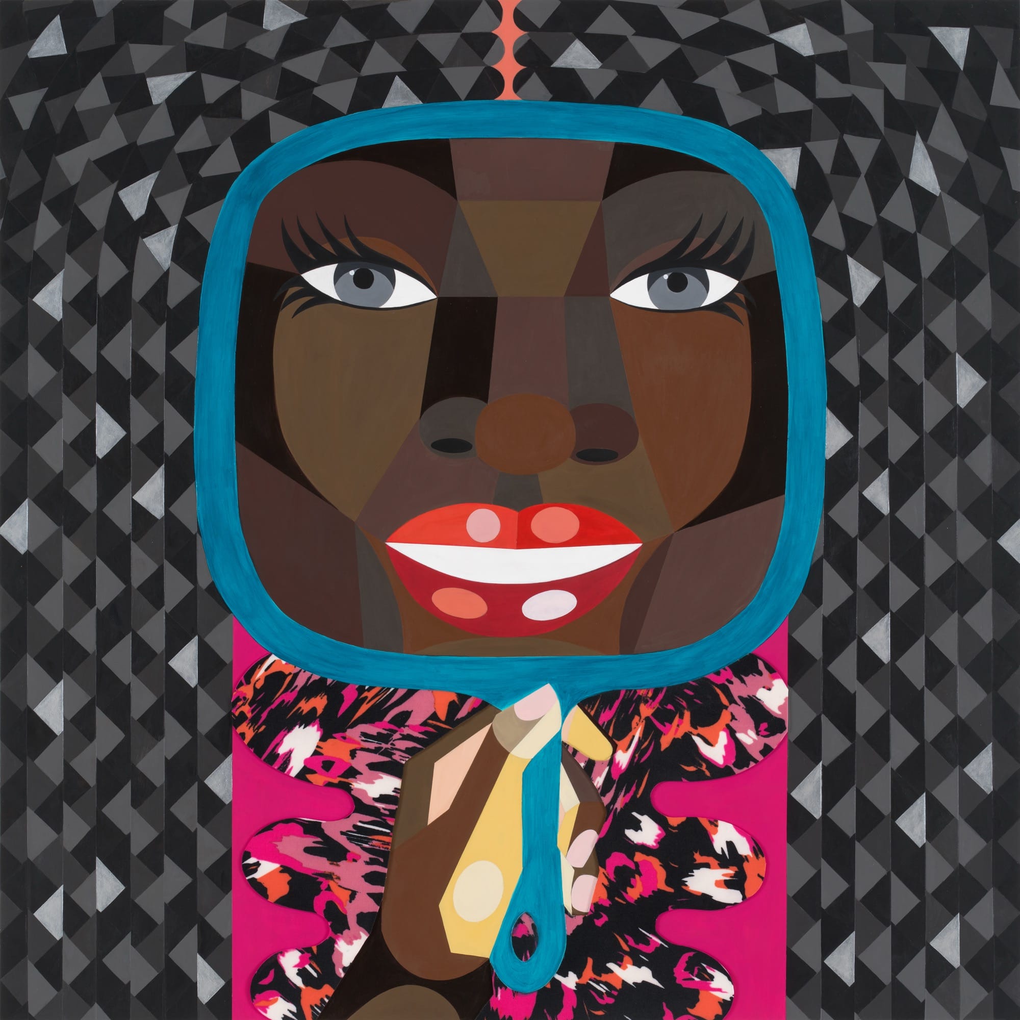 a stylized portrait by Derrick Adams of a Black woman's face viewed large in a blue mirror, against a patterned background