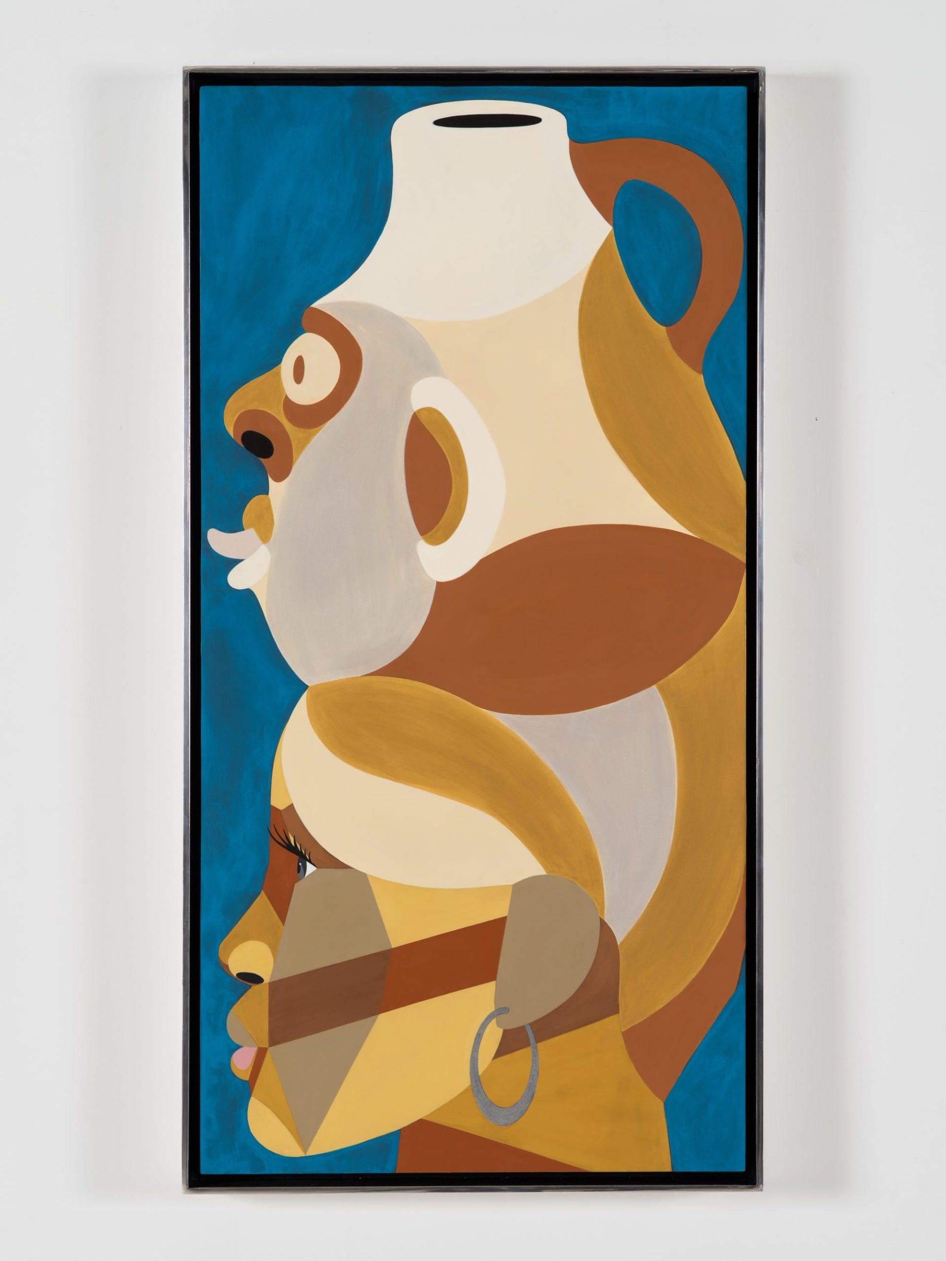 a vertical painting by Derrick Adams of a Black woman in profile, a mask-like jug on her head