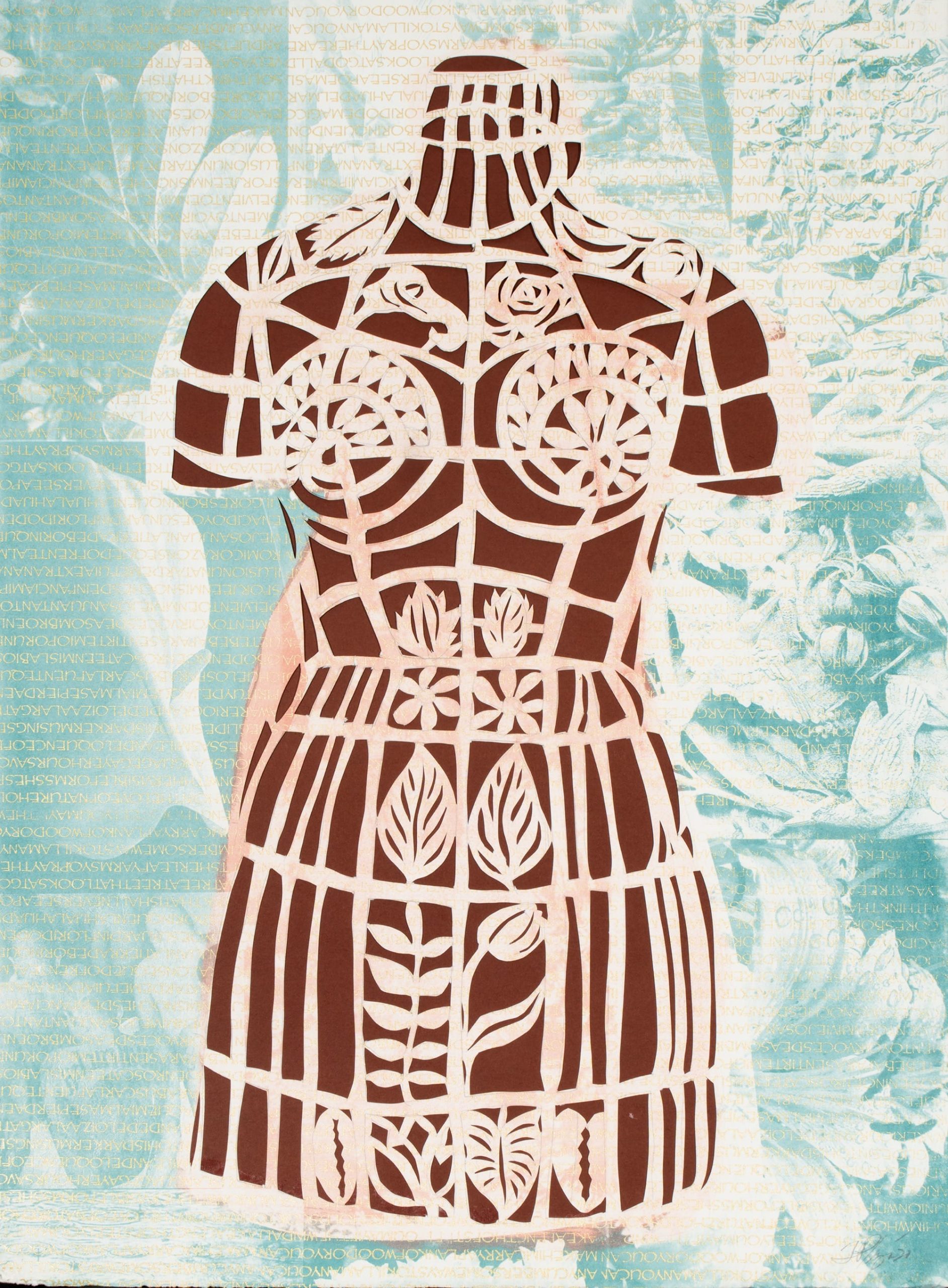 a silkscreen print by Felix Plaza of a mannequin form with patterns on the bodice