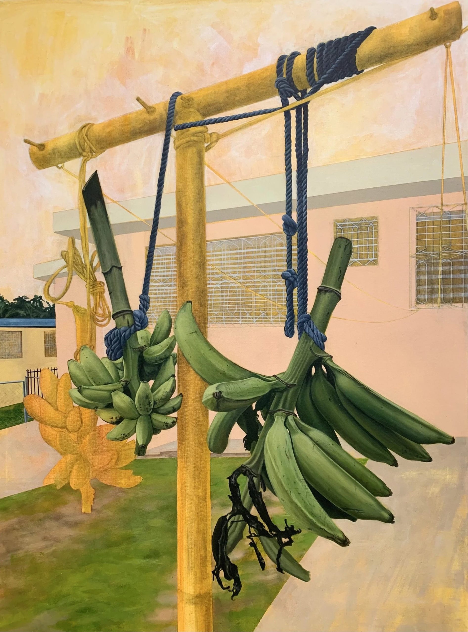 an acrylic painting by Beatriz Williams of bananas hanging from a post