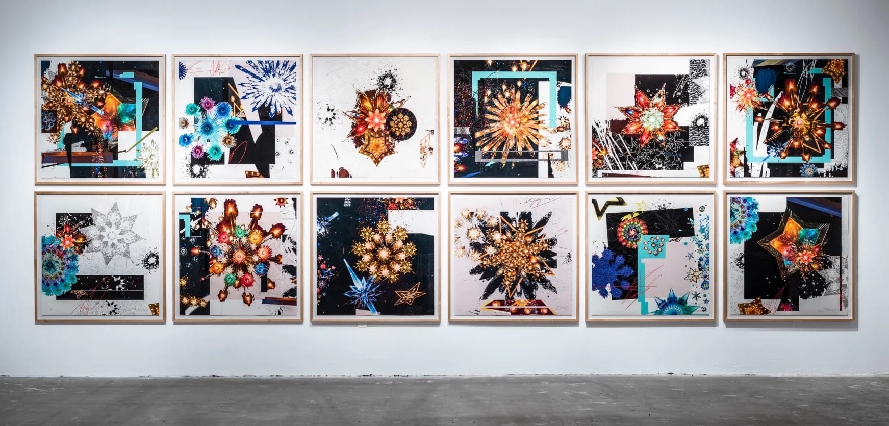 a wall installation by Carlos Betancourt of 12 square canvases with abstract compositions, arranged in a 6 x 2 grid