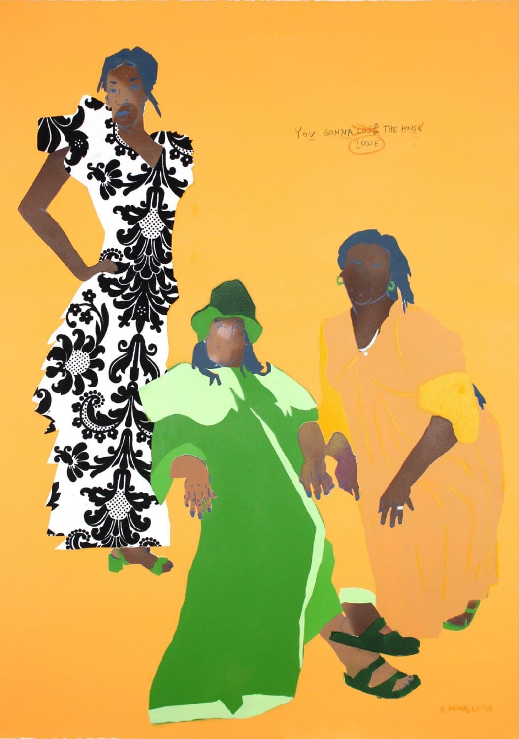 a painting by Erica Morales of three women wearing dresses, situated against a bright yellow background